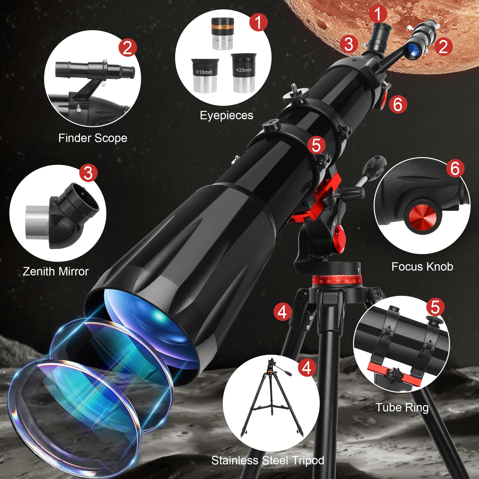 Telescope,Telescope for Adults High Powered, 90mm Aperture 900mm Professional Refractor Telescope for Kids & Beginners, Magnification 450X, for Planet Observation with Stainless Tripod & Phone Adapter