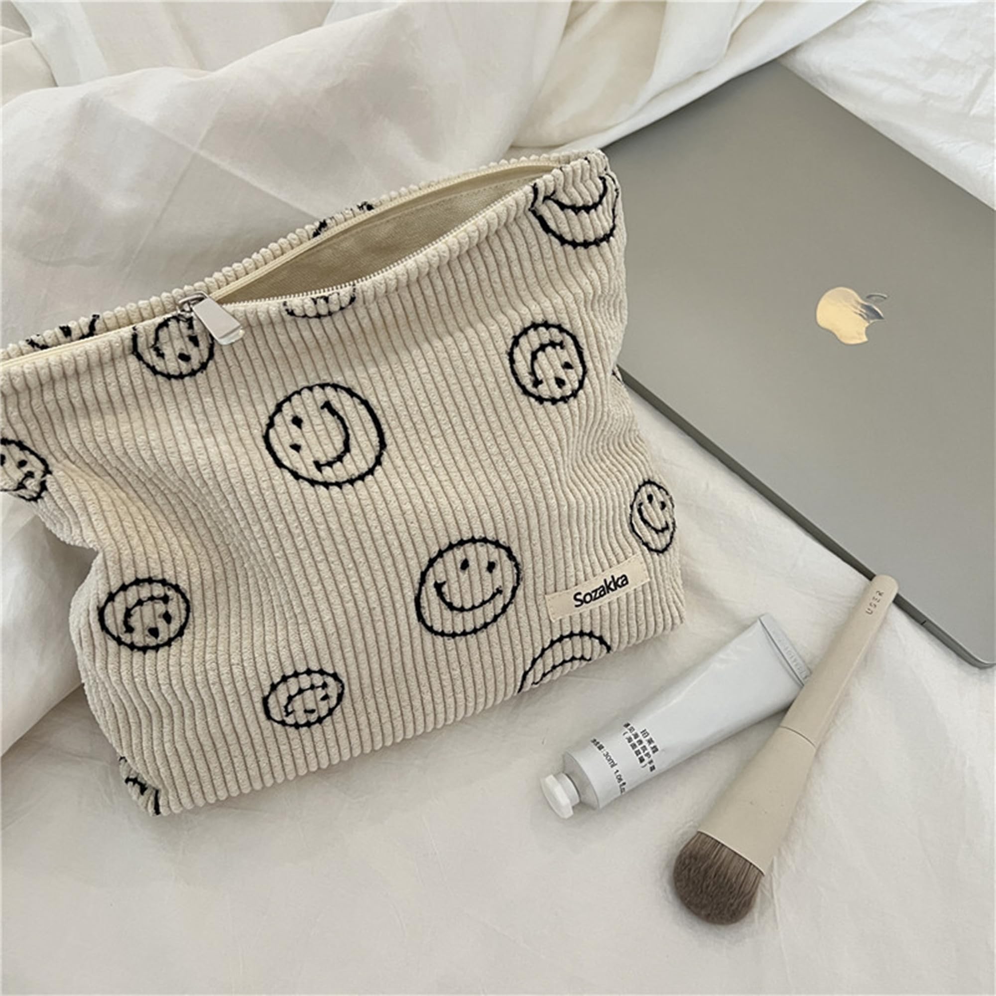 Cosmetic Bags for Women - Corduroy Cosmetic Bag Aesthetic Women Handbags Purses Smile Dots Makeup Organizer Storage Makeup Bag Girls Case Bags (Beige)