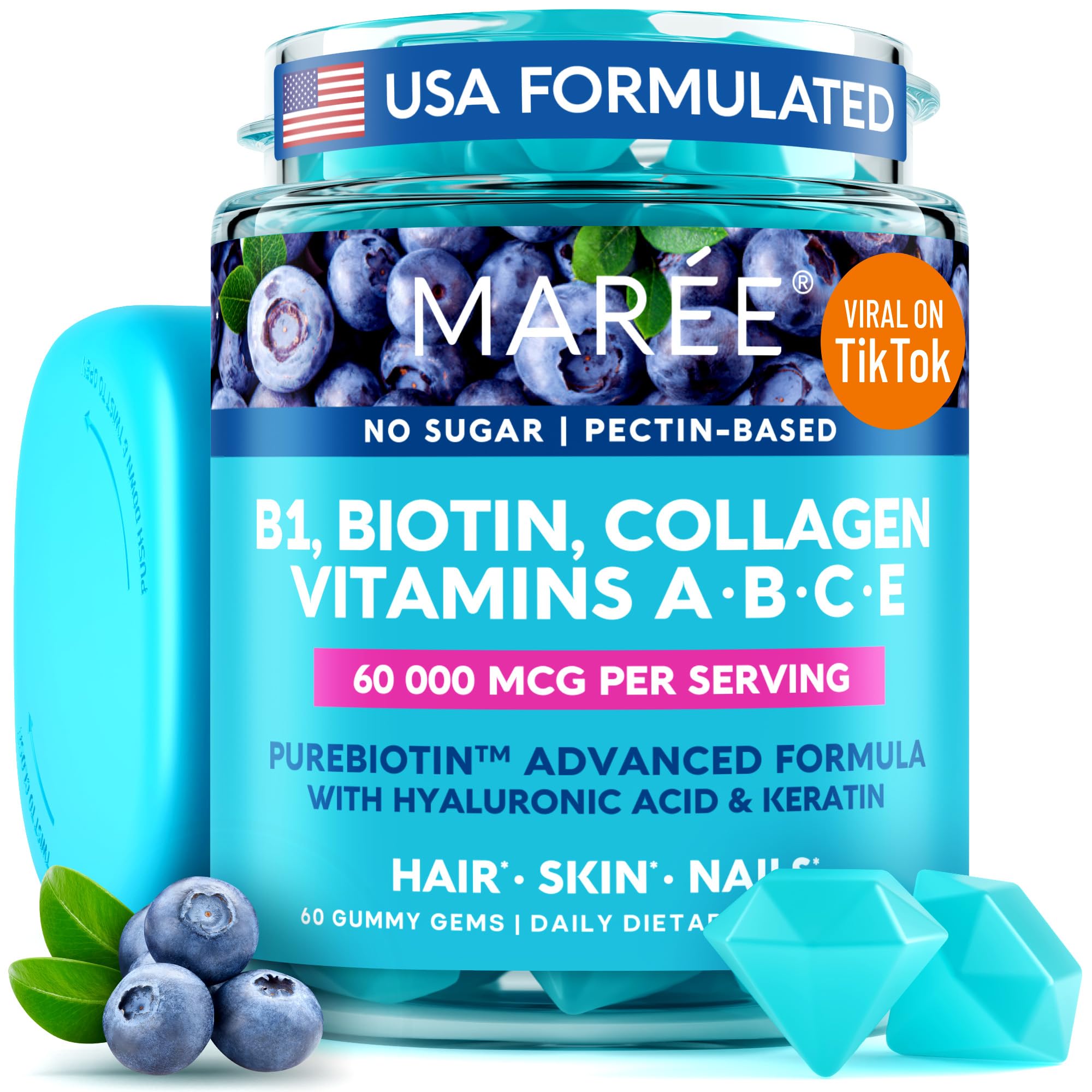 MAREE Vitamin B1 Thiamine & B7 Biotin Gummies - A E D C Vitamins Complex with Keratin, Collagen, Hyaluronic & Pantothenic Acid for Skin, Nails & Hair