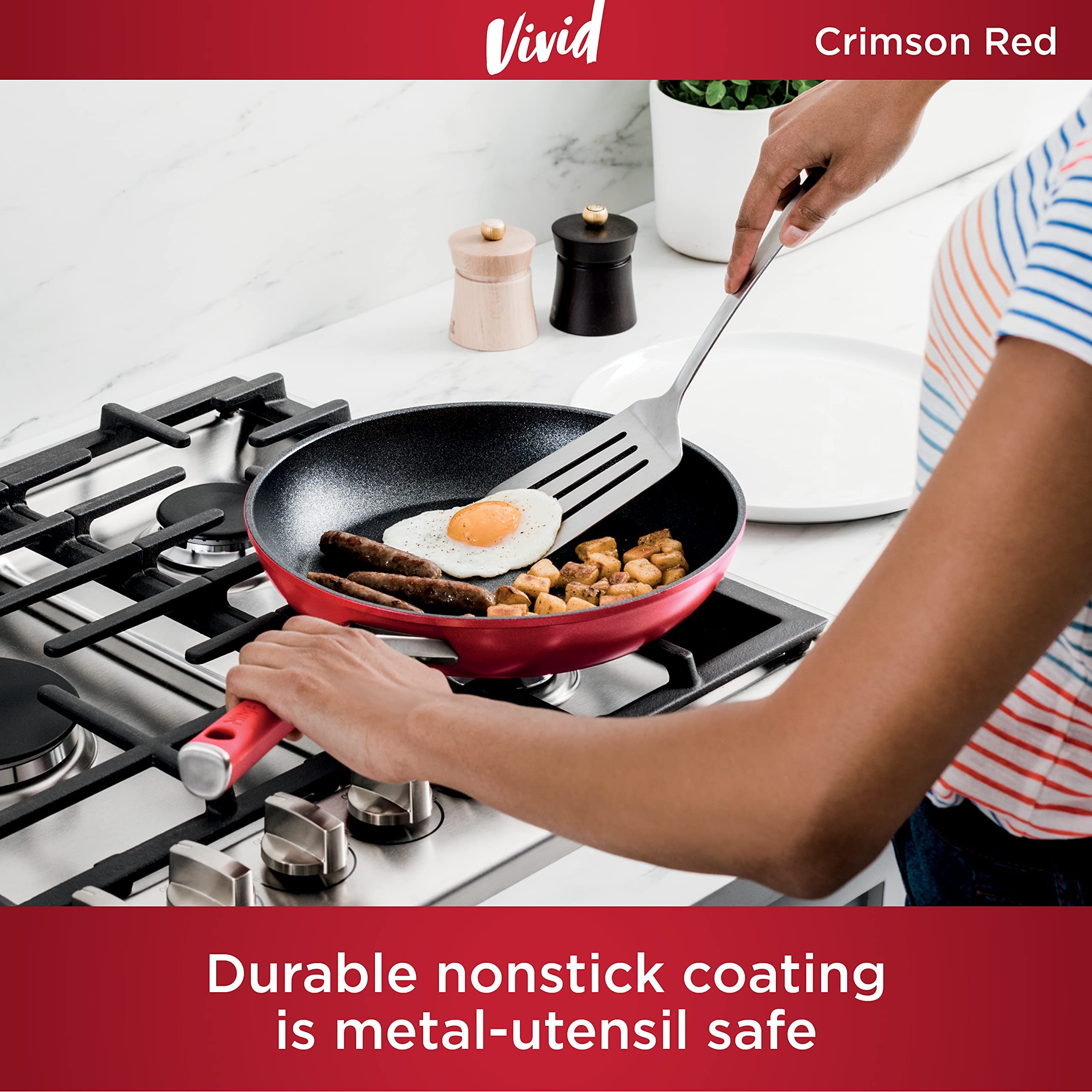 Ninja C28000 Foodi NeverStick Vivid 8-Piece Cookware Set with Lids, Nonstick, Durable & Oven Safe to 400°F, Cool-Touch Handles, Crimson Red