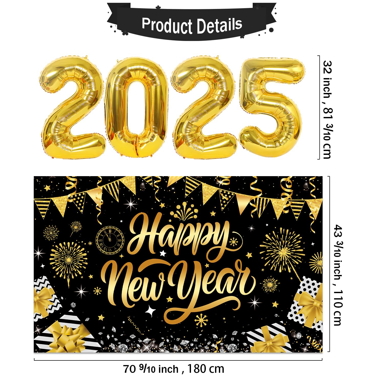 New Years Decorations 2025 Kit, Black and Gold Happy New Year Party Decor, New Years Eve Party Supplies with Balloon Arch Kit, 2025 Balloons Gold, Happy New Year Banner and New Years Backdrop