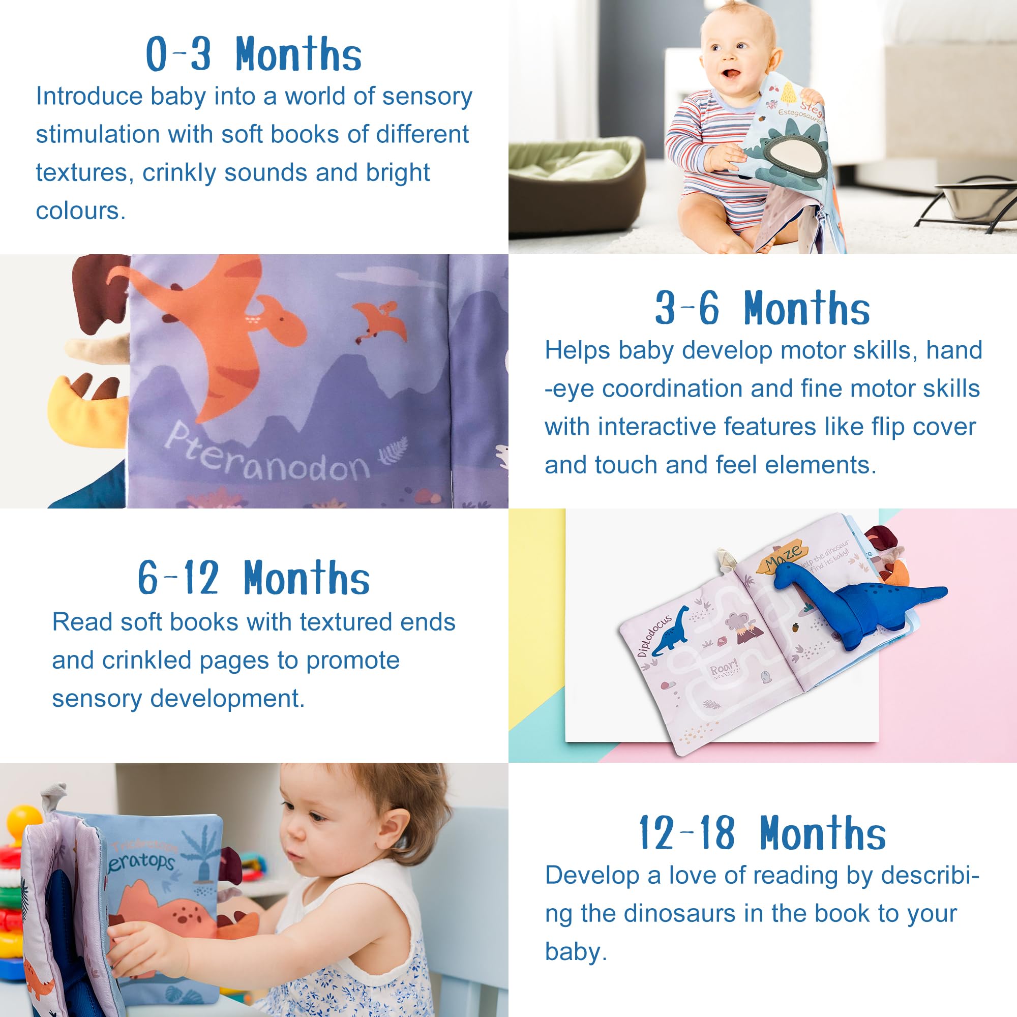 Richgv Baby Books Toys 0-6-12 Months, Baby Boy Girl Gifts Toys 0-6-12 Touch and Feel 3D Books with Dino Doll, Newborn Infant Carseat Toys Teething Toys Christmas Stocking Stuffers for Boys Girls