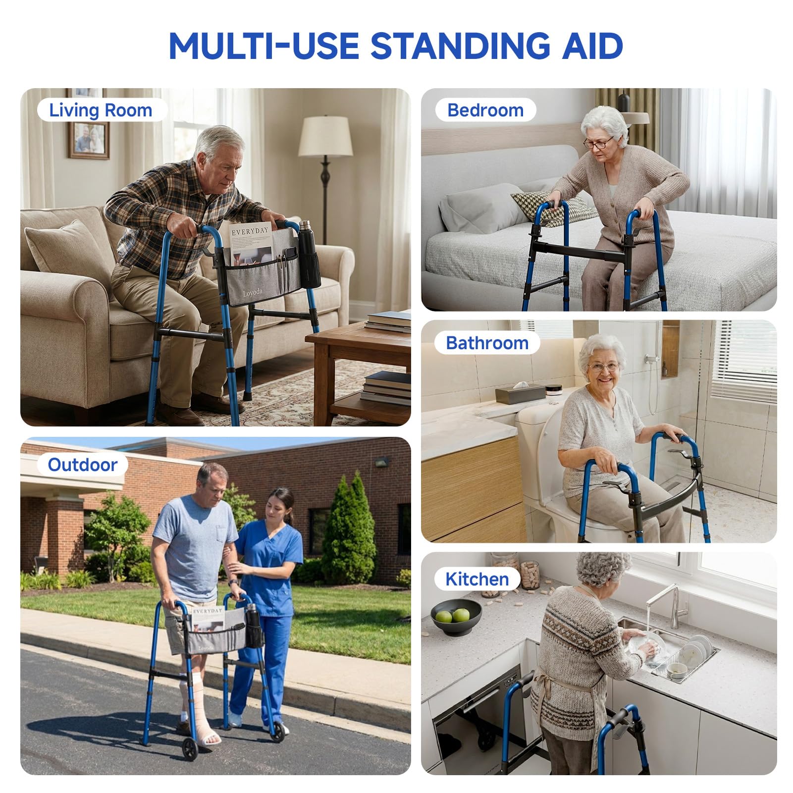 Loyoda Folding Walker for Seniors, Front Wheel Walker with Storage Bag & Rear Ski Glides, Height Adjustable, 350lbs Capacity, Blue