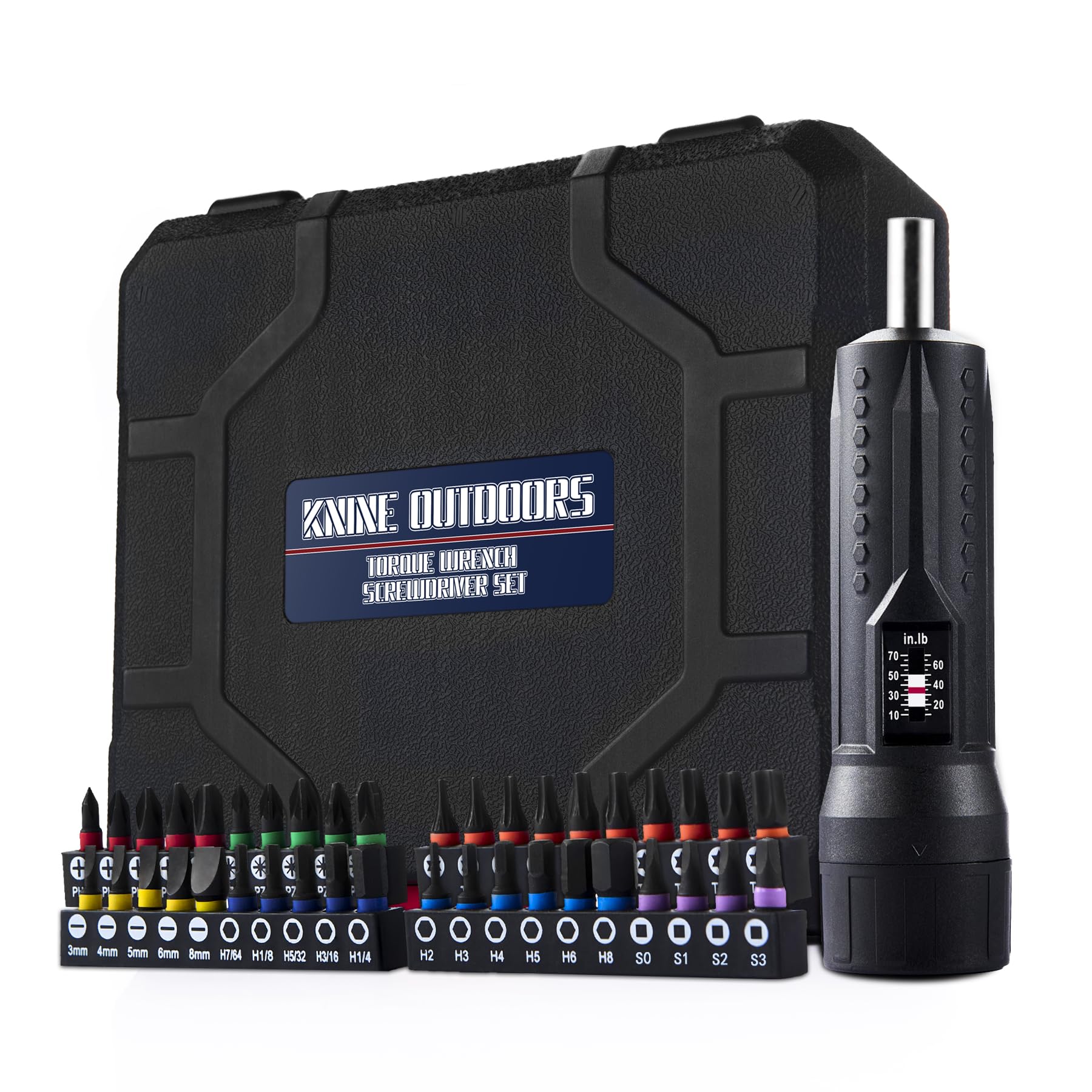 KNINE OUTDOORS Torque Screwdriver Wrench Driver Set 10-70 Inch Pounds lbs for Maintenance with T-bar Handle, 40 Hex Bits, 1/4" Socket, Shaft Extension, For Tools, Bike Repairing and Mounting, Black
