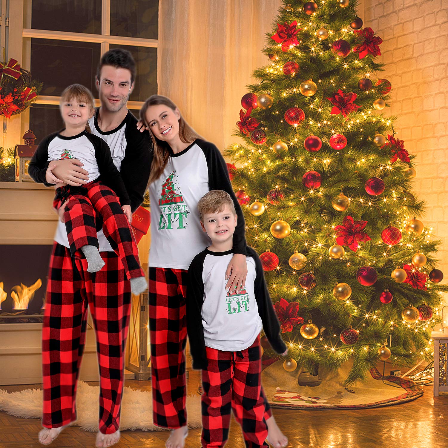 Matching Christmas Pajamas Set for Family , Let's Get Lit Printed Pjs for Women Men, Holiday Cute Funny Letter Print Top and Plaid Pants Xmas Sleepwear Set for Couples (Youth, 4-5T, White LIT)