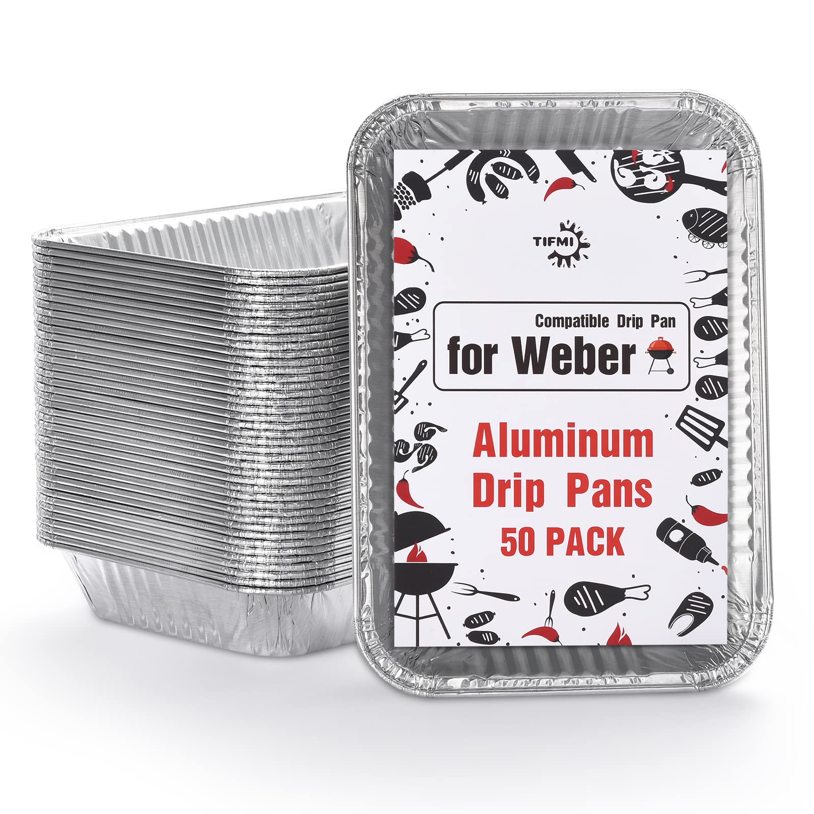 TIFMI 50 Pack Drip Pans Liners Compatible for Weber Q Series, Spirit Gas, Traveler Grill, Genesis II LX 200 & 300 Series Gas Grills, Aluminum Foil Grease Trays for Weber 6415 Grill Accessories