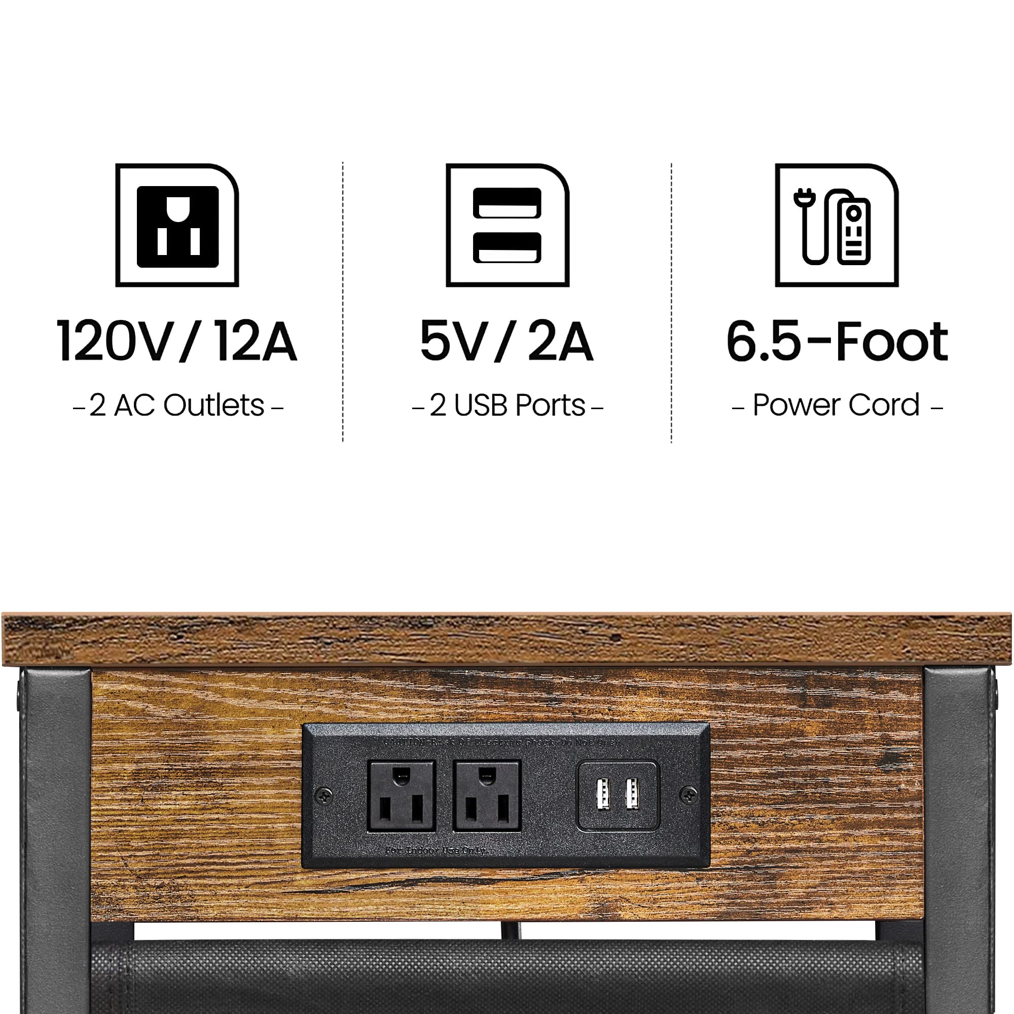 TUTOTAK C Shaped End Table with Charging Station, Side Table for Sofa, Couch Table with Storage Bag, TV Tray Table with 2 USB Ports and Outlets for Living Room, Bedroom, Brown TB01BB024