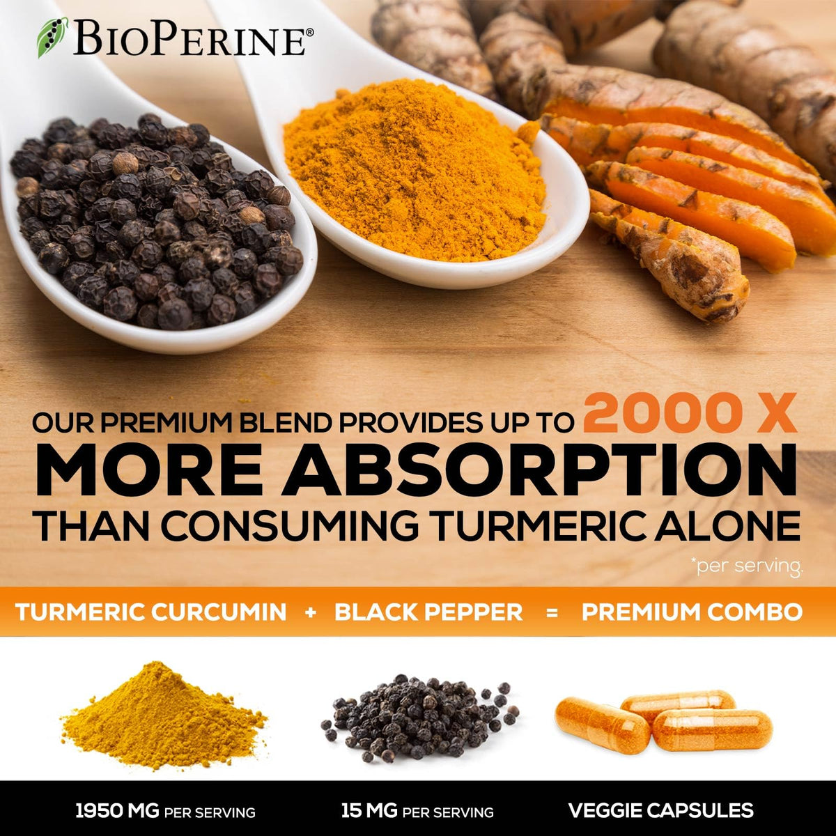 Turmeric Curcumin Supplement 1950mg with Black Pepper Extract 95% Curcuminoids - High Absorption Ultra Potent Turmeric Capsules with BioPerine, Nature's Tumeric Pills for Joint Support - 240 Capsules