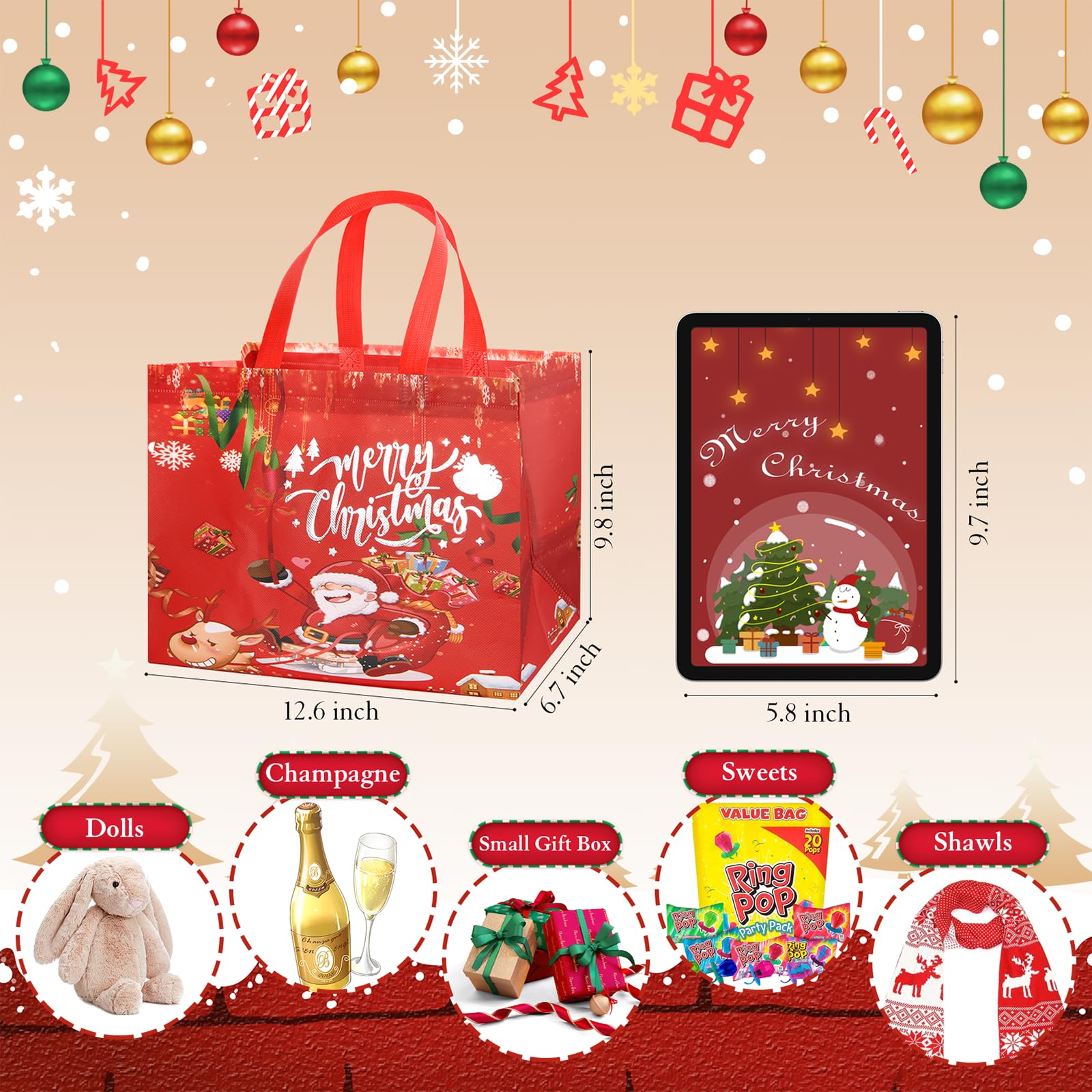 12PCS Christmas Gift Bags - Waterproof Non-Woven Fabric with 12 Unique Festive Designs - Perfect for Holiday Gift Wrapping, Candy Containers, and Christmas Decorations - Durable, Reusable Tote Bags