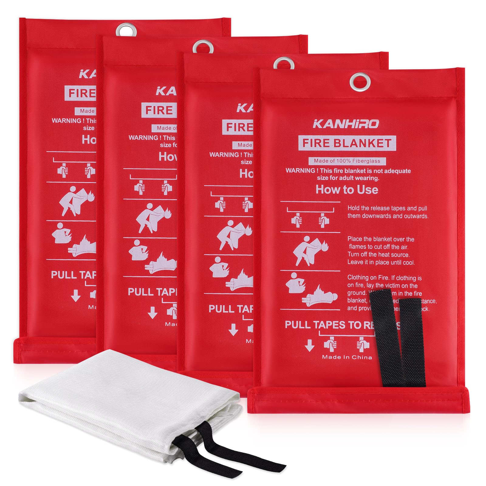 Emergency Fire Blanket for Home Kitchen - Fiberglass Fire Suppression Blanket Great for School, Fireplace, Grill, Car, Office, Warehouse (4 Pack, 39 in X 39 in)