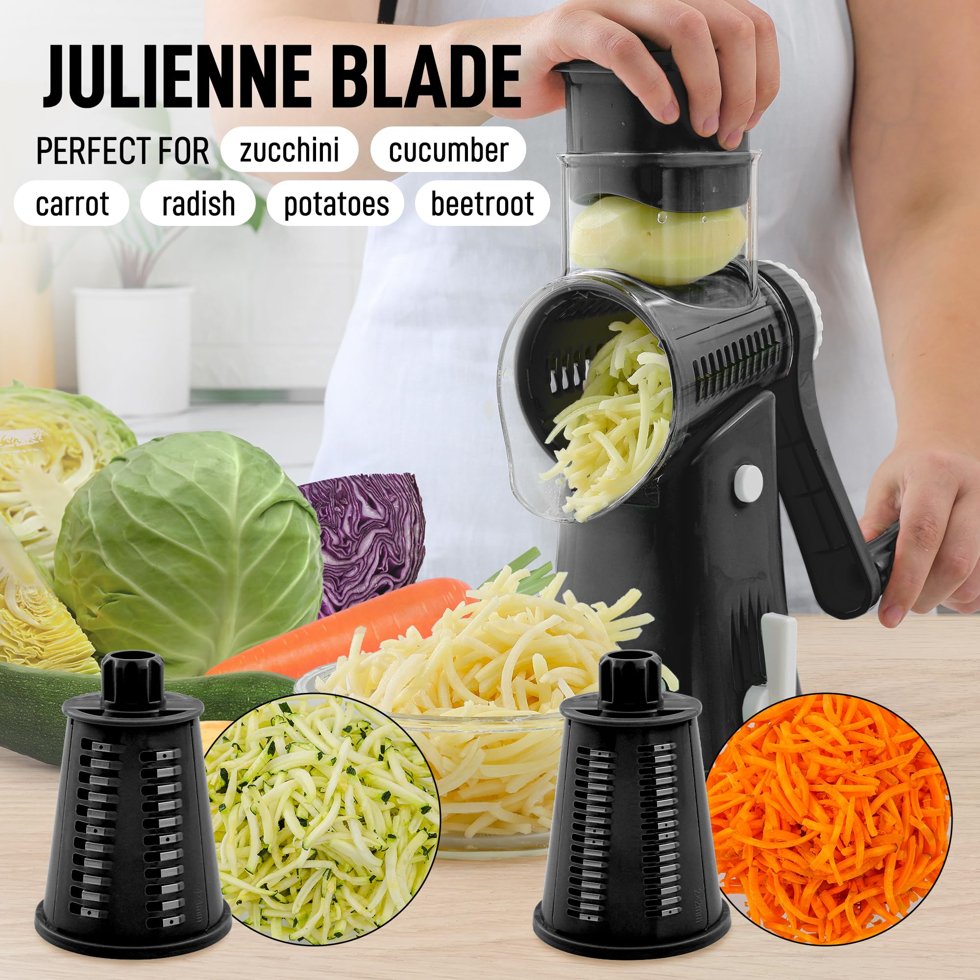 Zulay Rotary Cheese Grater 5 Blade Cheese Shredder - Manual Hand Crank Cheese Grater With Reinforced Suction & 5 Interchangeable Drums - Easy to Use, Vegetable Chopper Round Mandoline Slicer - Black