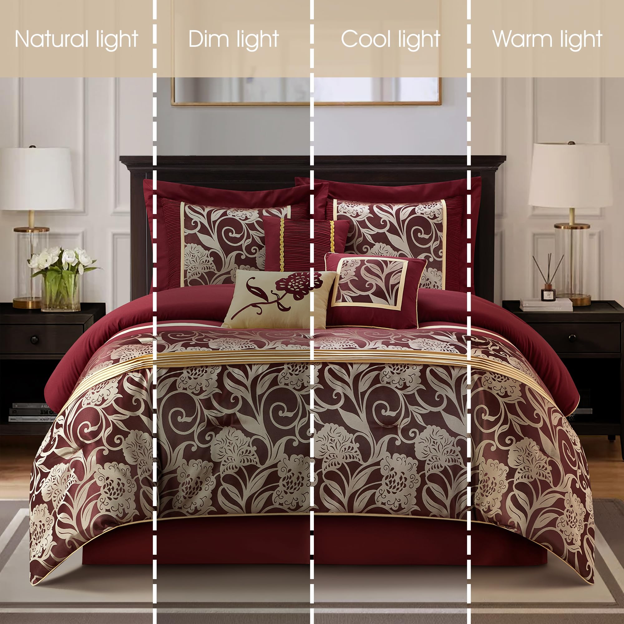 Stratford Park Jacquard 7-Piece Comforter Bedding Set, Red, California King, Floral Bedding Set, Matching Bedskirt, Pillows & Shams