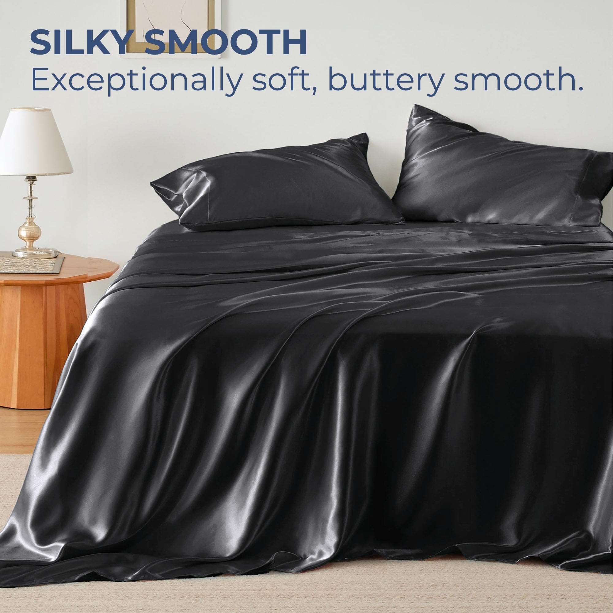 Seasonwood Satin Sheets Set Queen Size 4 Pieces 1800 Microfiber 2 Pillowcase 20''x30'' Black Satin Sheets