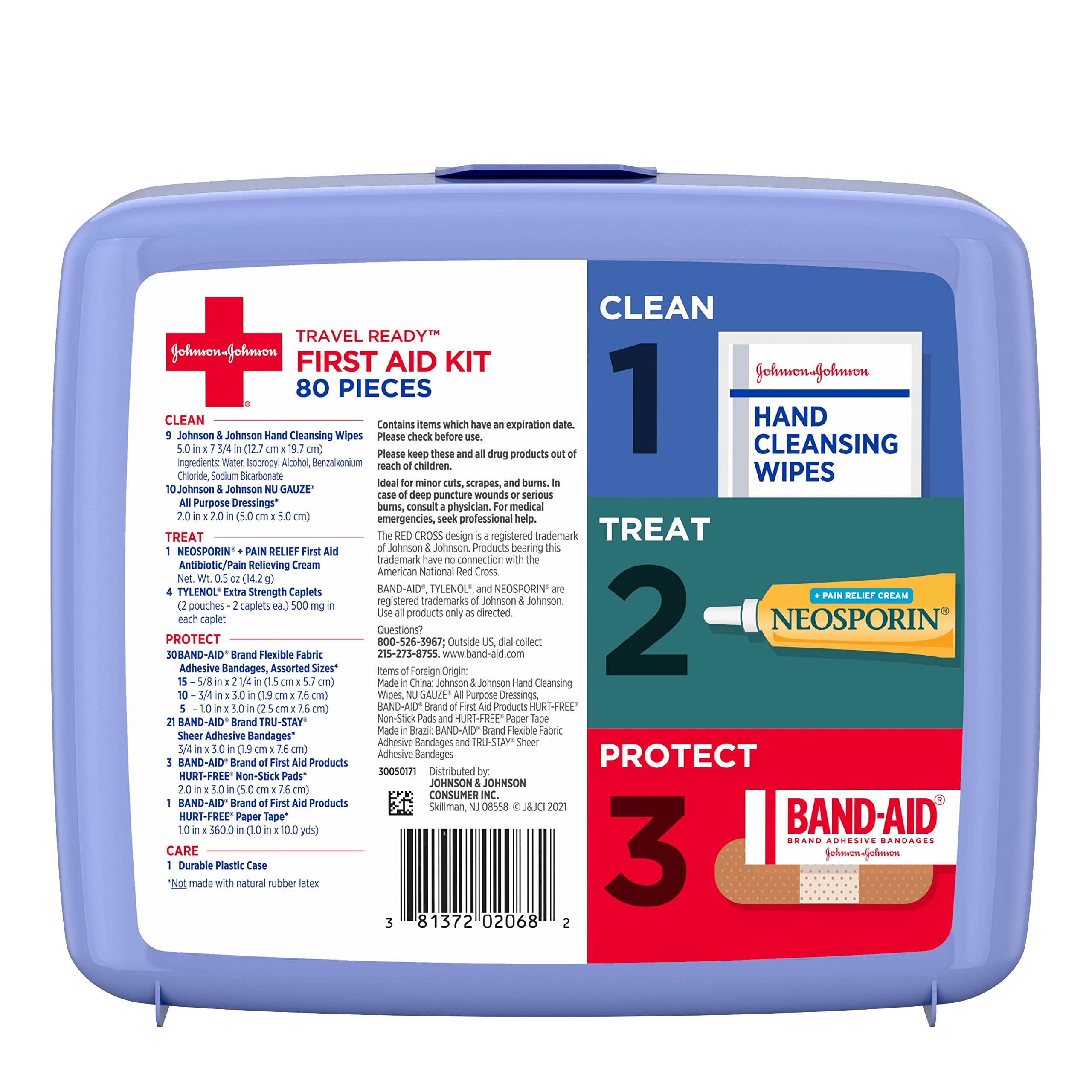Johnson & Johnson Travel Ready Portable Emergency First Aid Kit, 80 Pieces