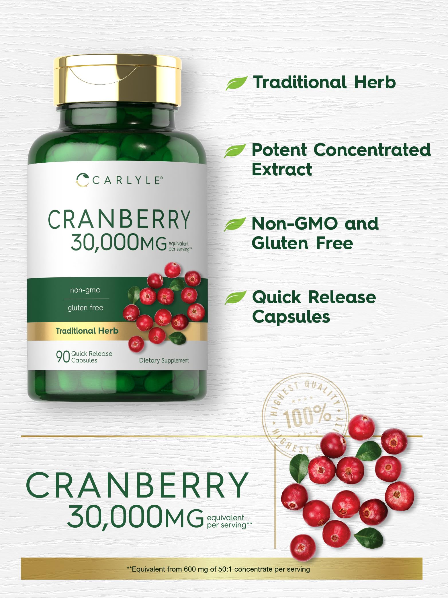 Carlyle Cranberry Supplement | 30,000mg | 90 Capsules | Non-GMO and Gluten Free Formula | Cranberry Pills from Concentrate Extract