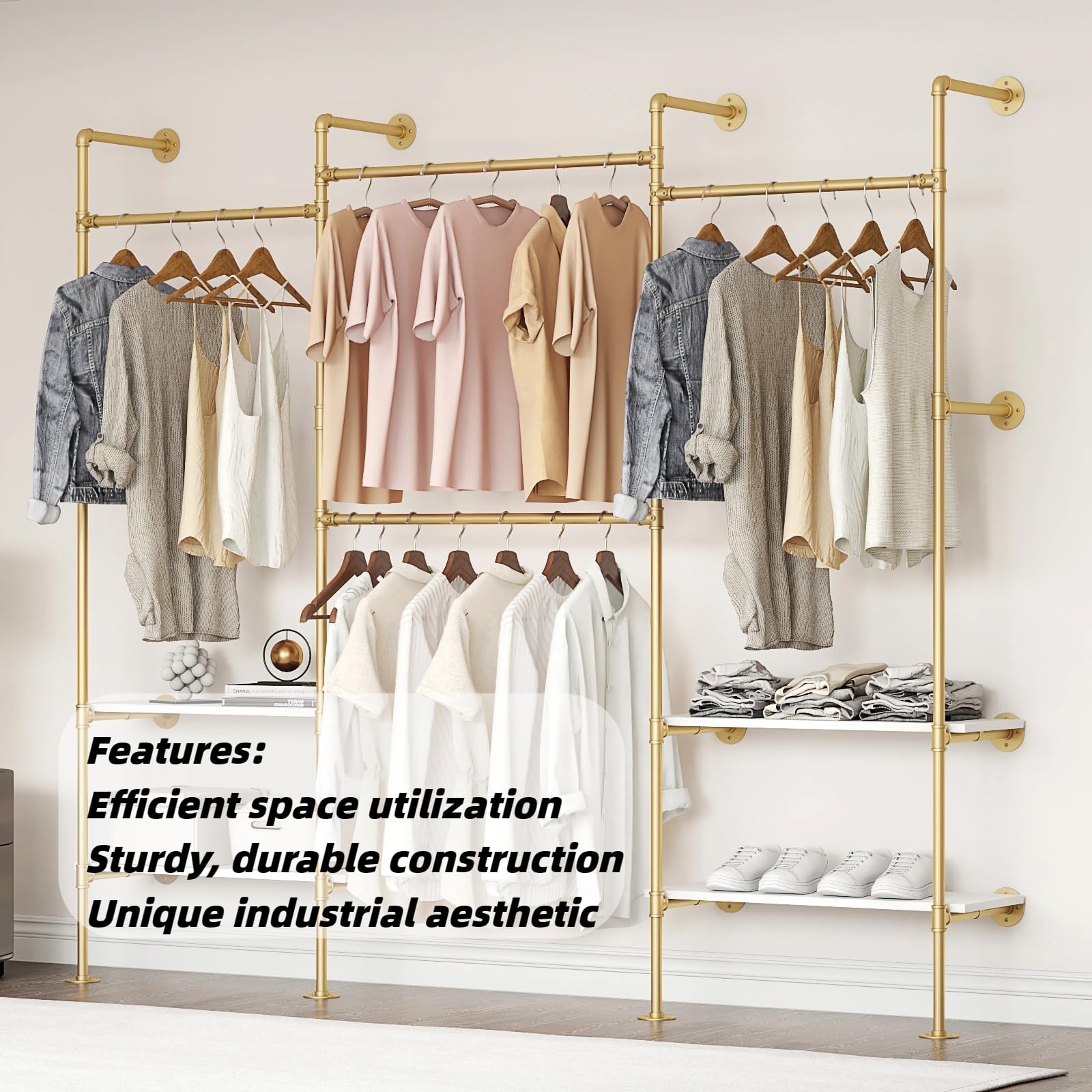 Woskar Industrial Pipe Clothing Rack, Wall Mounted Clothes Rack for Hanging Clothes, Retail Display Rack with Shelves, Add Corner installation Method (Gold, III-2Tier)