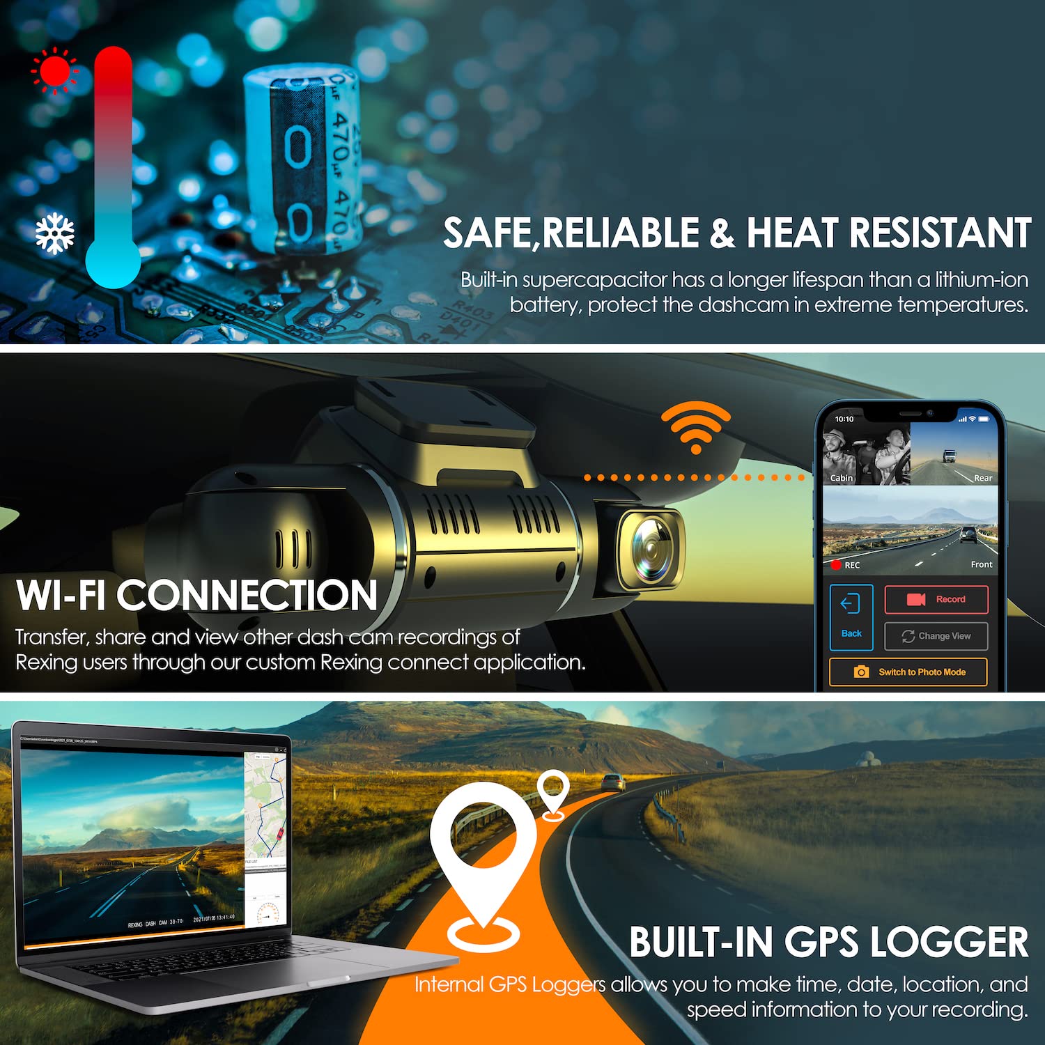 REXING V2 PRO AI Dash CAM, 3 Channel Front Cabin Rear 1080p Recording,2.7” LCD,WiFi,Mobile App,GPS,Night Vision,Artificial Intelligence Dash Camera ADAS, Collision, Pedestrian,Lane Departure Warning