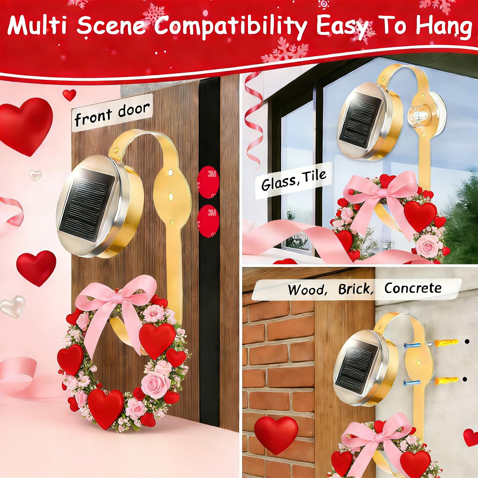 AMOEJOV Solar Valentine Wreath Hangers for Front Door with LED Lights, Compatible with Lighted Wreaths,Valentines Day Decorations. Large Suction Cup Metal Hook for Glass Window Outdoor Porch
