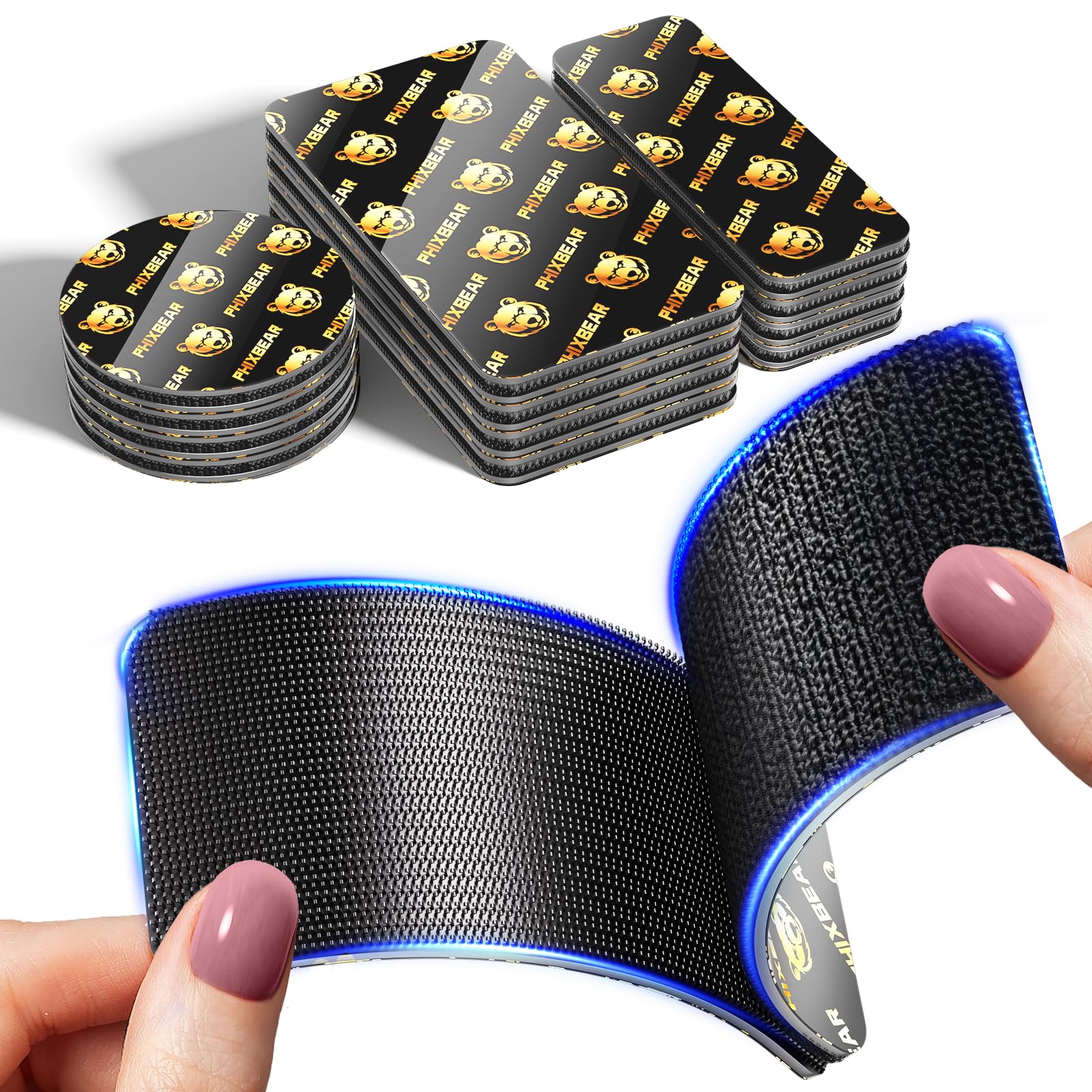 PHIXBEAR 12 Sets Hook and Loop Strips with Super Adhesive Heavy Duty, 3.6"x2"/3.15"x1.18"/ 2" Double-Sided Adhesive Strip, Heat Resistant Waterproof, Car Mats Outdoor or Indoor Use