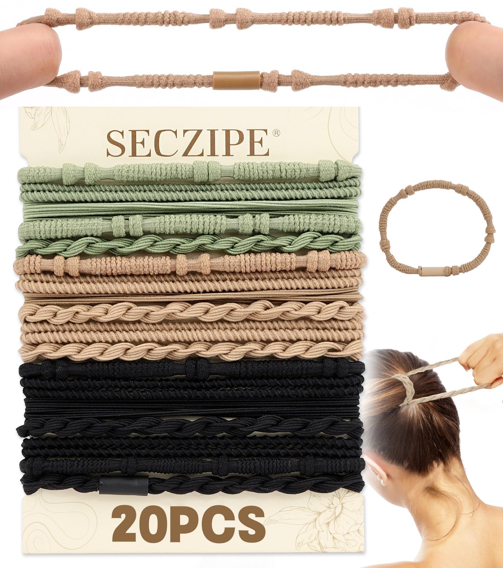 SECZIPE 20 PCS Boho Hair Ties Bracelets,4 Styles Hair Ties for Women, Elastic Bands for Ponytails, for Thick and Thin Hair, No Damage, 3 Colors, 2.65’’ Cute Hair Ties Large Size