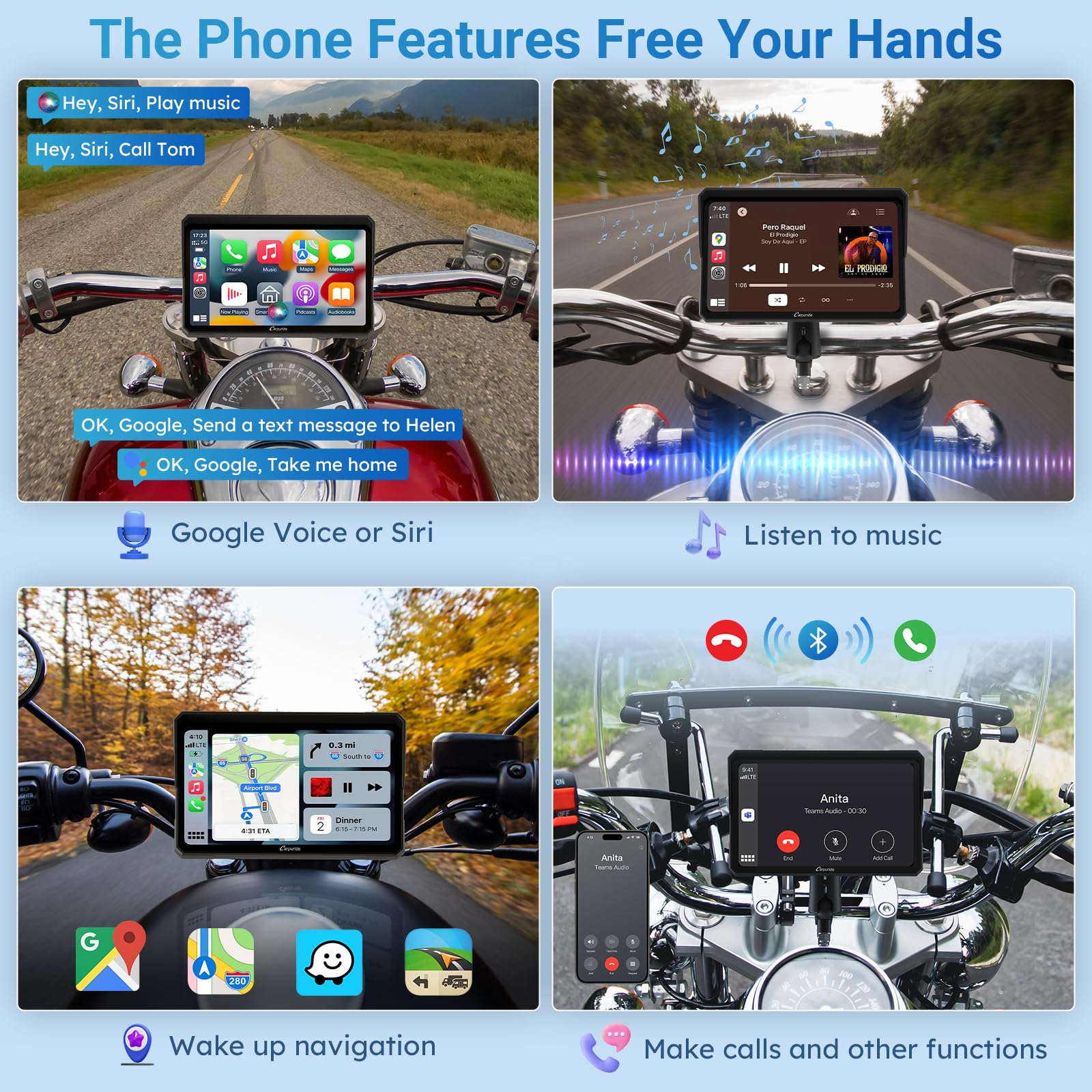 Carpuride W702 Motorcycle GPS Carplay Screen, Wireless CarPlay & Android Auto Car Stereo for Motorbike, 7" Waterproof Touchscreen, Dual Bluetooth, Siri,Navigation Screen