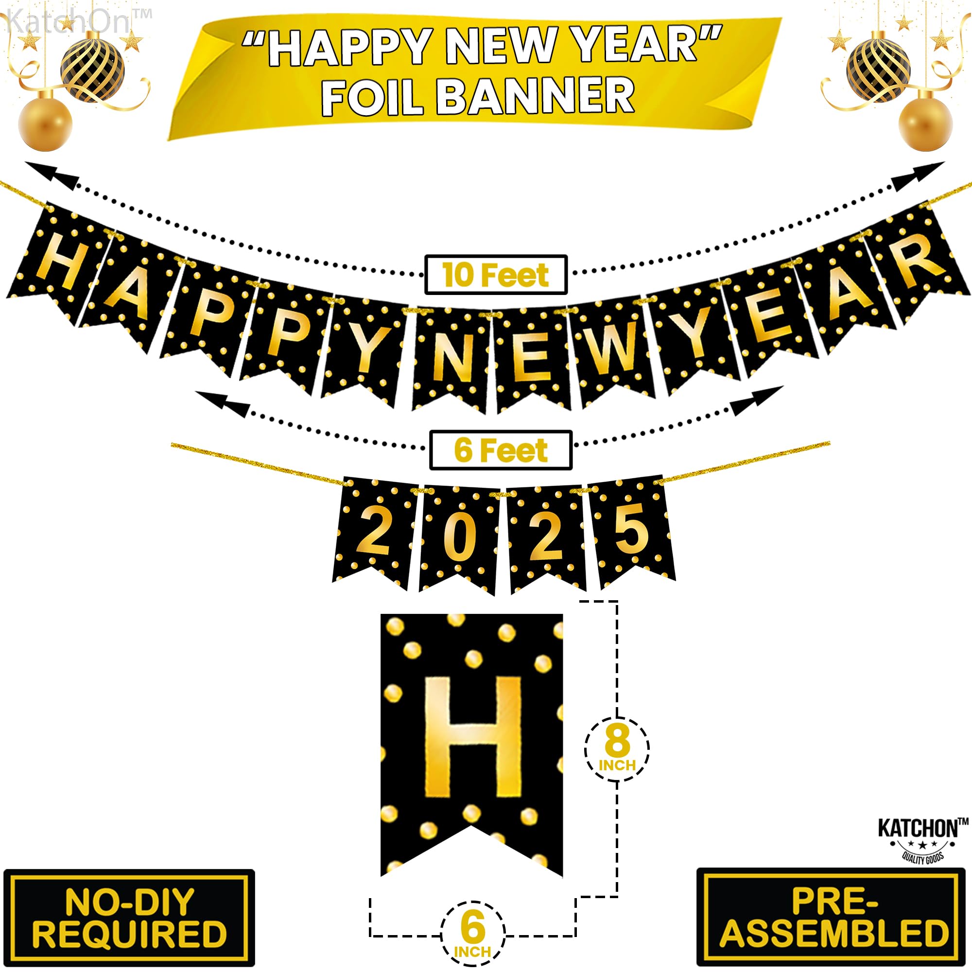 KatchOn, Happy New Year Banner 2025 - No DIY, 10 Feet | Happy New Year Sign for New Years Eve Party Supplies 2025 | New Years Eve Decorations | Happy New Year Decorations 2025 | NYE Decorations 2025