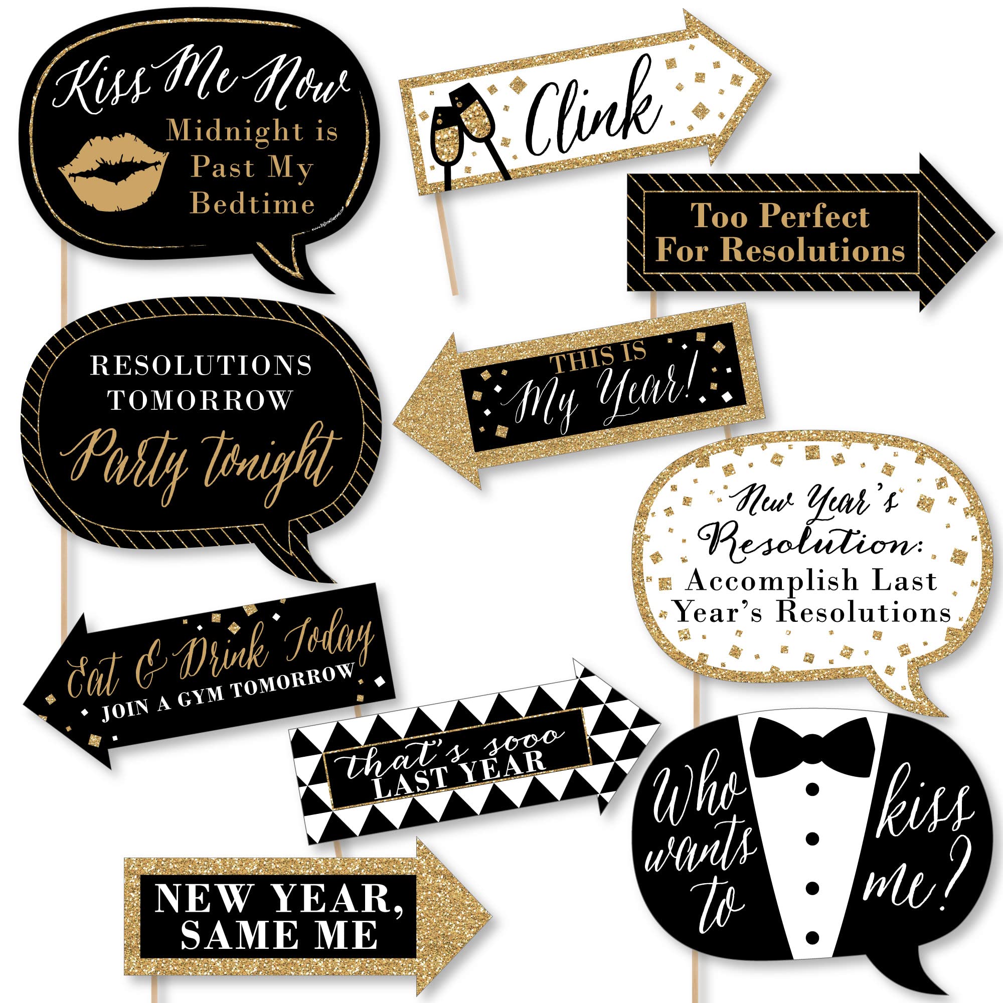 Big Dot of Happiness Funny New Year's Eve Photo Booth Props, Gold New Years Eve Party Decorations, New Year's Eve Party Supplies, Gold New Years Photo Props, 10 Piece