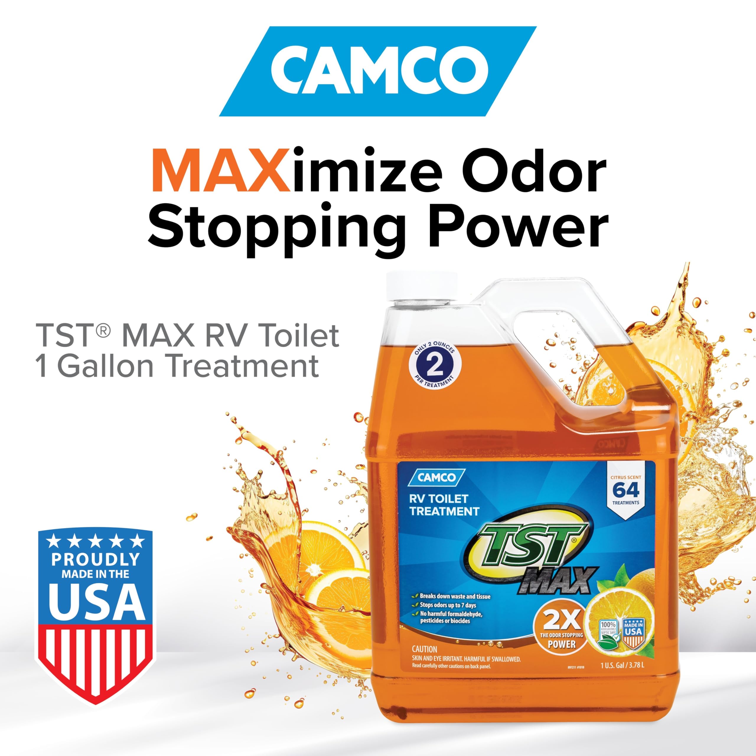 Camco TST MAX Camper/RV Toilet Treatment 1-Gallon - Control Unwanted RV Sewer Odors & Break Down Waste and RV Toilet Paper - Biodegradable Septic Safe Formula - Orange Scent (41173)