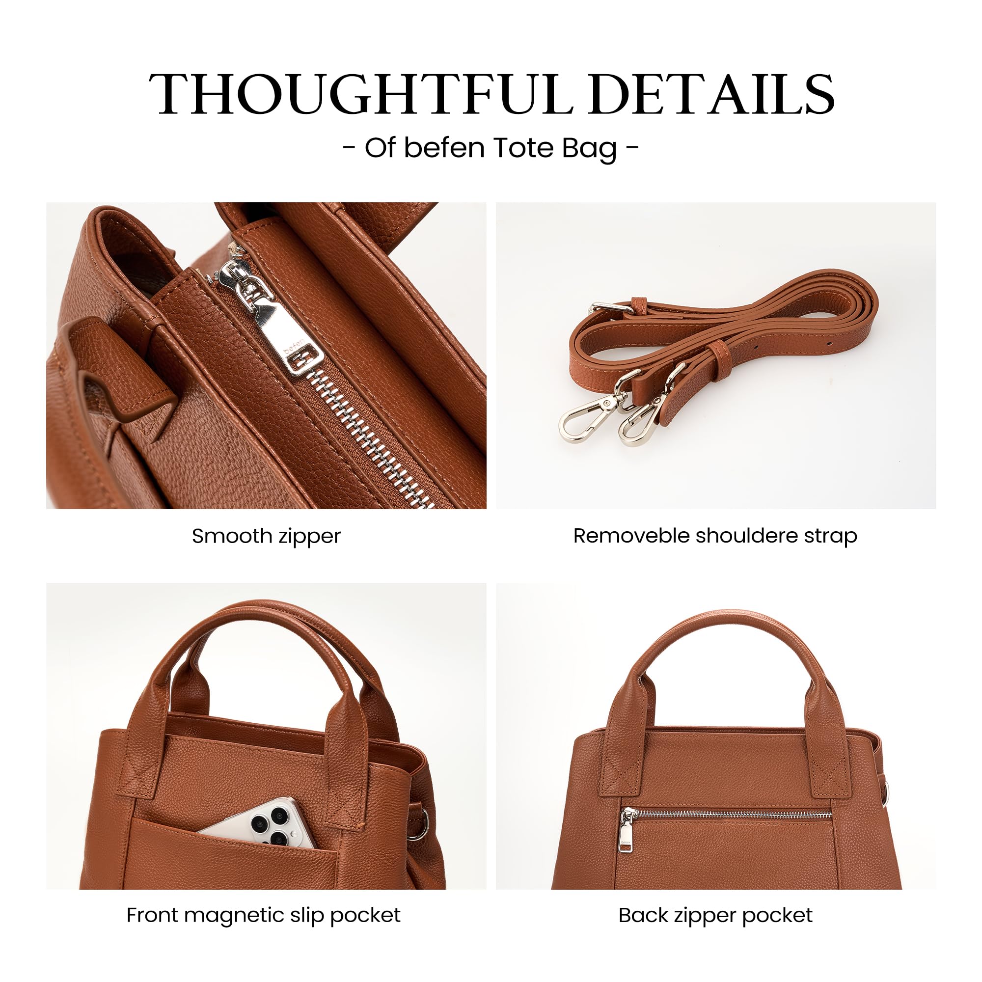 befen Womens Genuine Leather Purse and Handbags, Crossbody Shoulder Bags for Women, Small Satchel Tote Bag with Zipper Brown