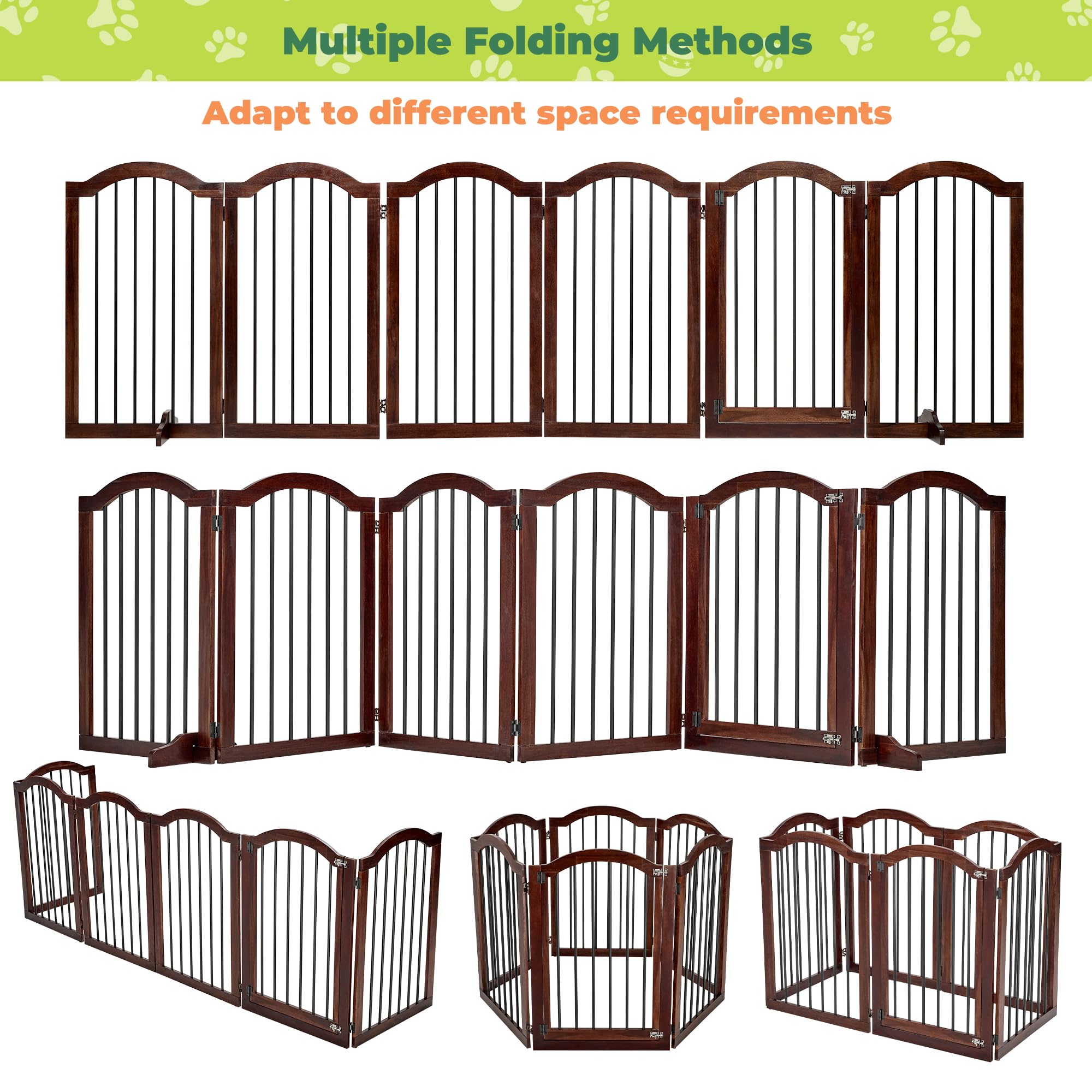 PrimeZone 120" Extra Wide Dog Gate - 6-Panel 30" Tall Solid Acacia Wooden Freestanding Puppy Gates with Door, Foldable Indoor Pet Fence for Doorways, Stairs, Support Feet Included, Brown