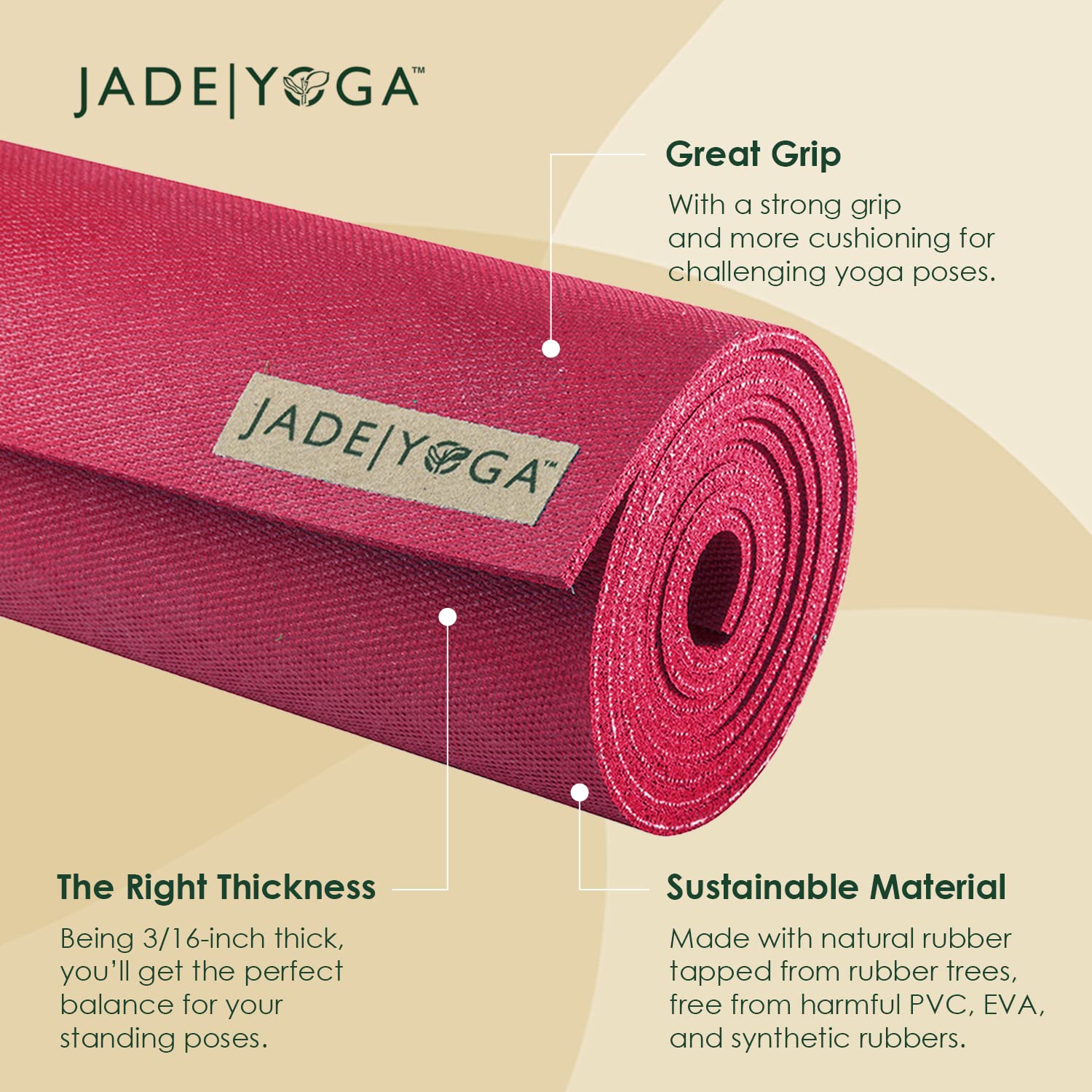 JadeYoga Harmony Yoga Mat - Durable & Thick Gym Fitness Mat, Non-Slip Natural Rubber Yoga Mat- Home Exercise & Stretching Mat, Workout Mat- Yoga, Pilates & Meditation for Women & Men (Raspberry, 68'')