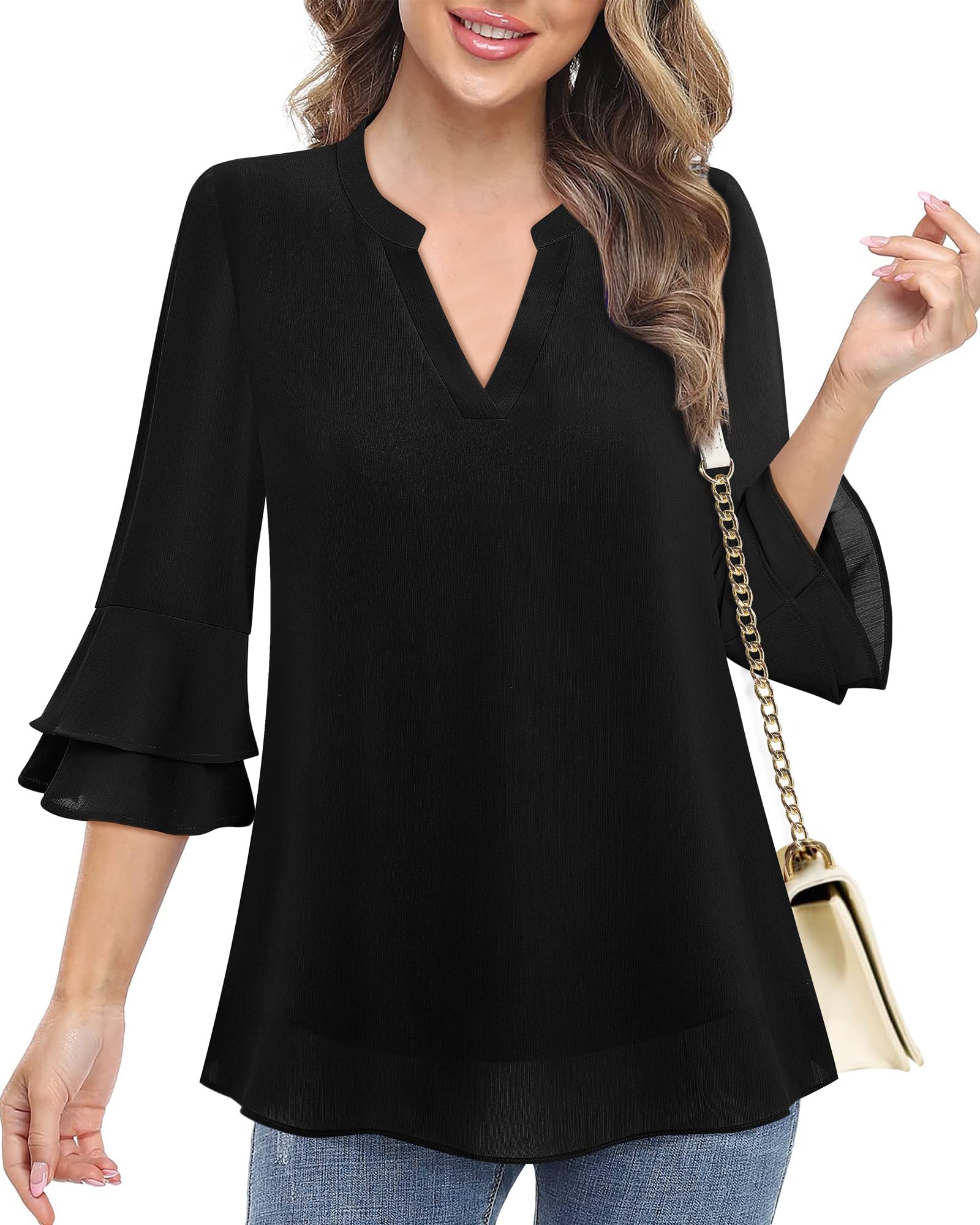 Lotusmile Blouses for Women Dressy Casual, Notch V Neck Tunic Flowy 3/4 Bell Sleeve Tops for Women Summer Chiffon Layers Elbow Length Top Loose Fitting Office Shirt Black