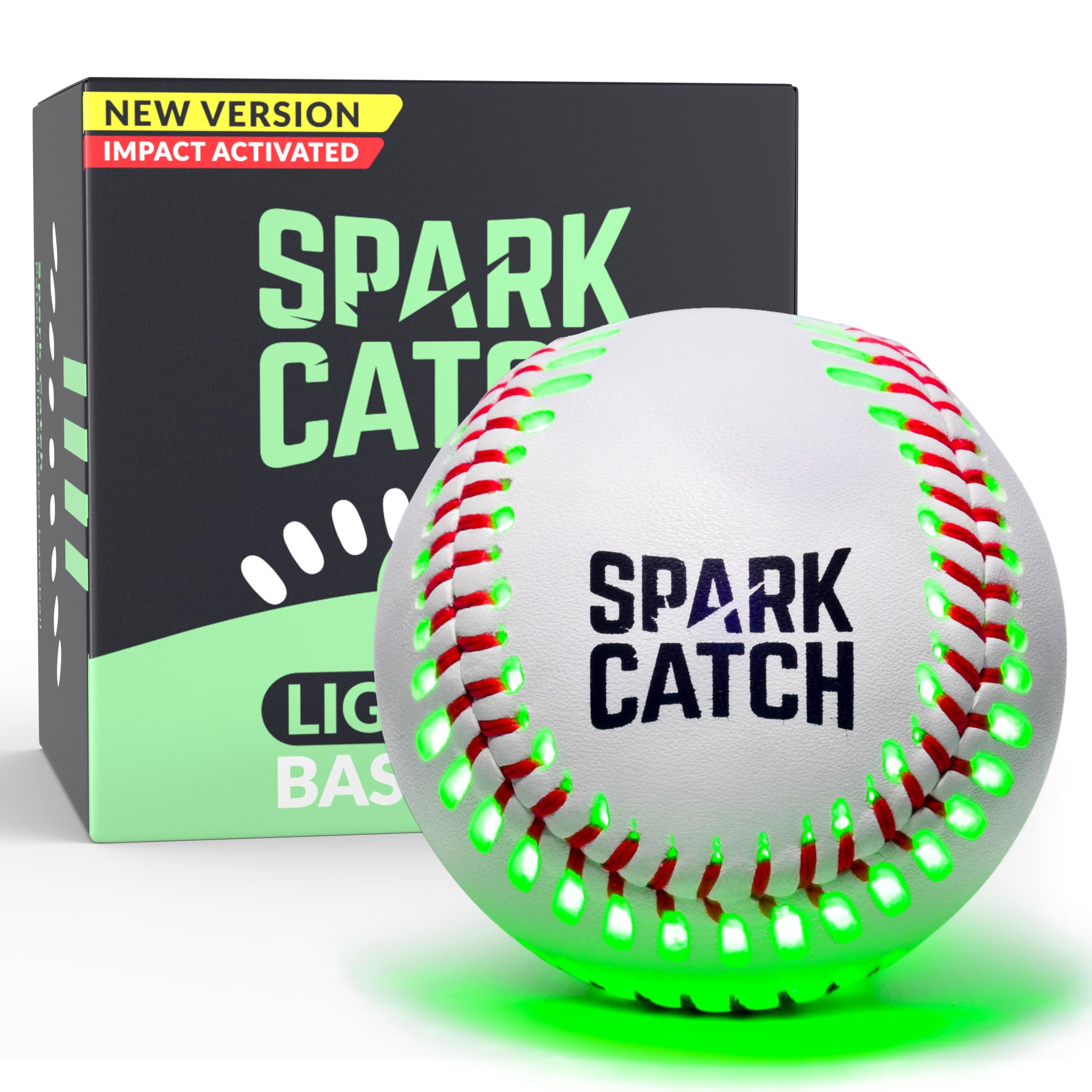 SPARK CATCH Light Up Baseball, Glow in The Dark Baseball, Sports Gear Accessories Gifts for Boys 8 9 10 11 12 13 14 15 Years Old, Kids Teens All Ages Gift Ideas (Impact-Activated version) (Neon Green)