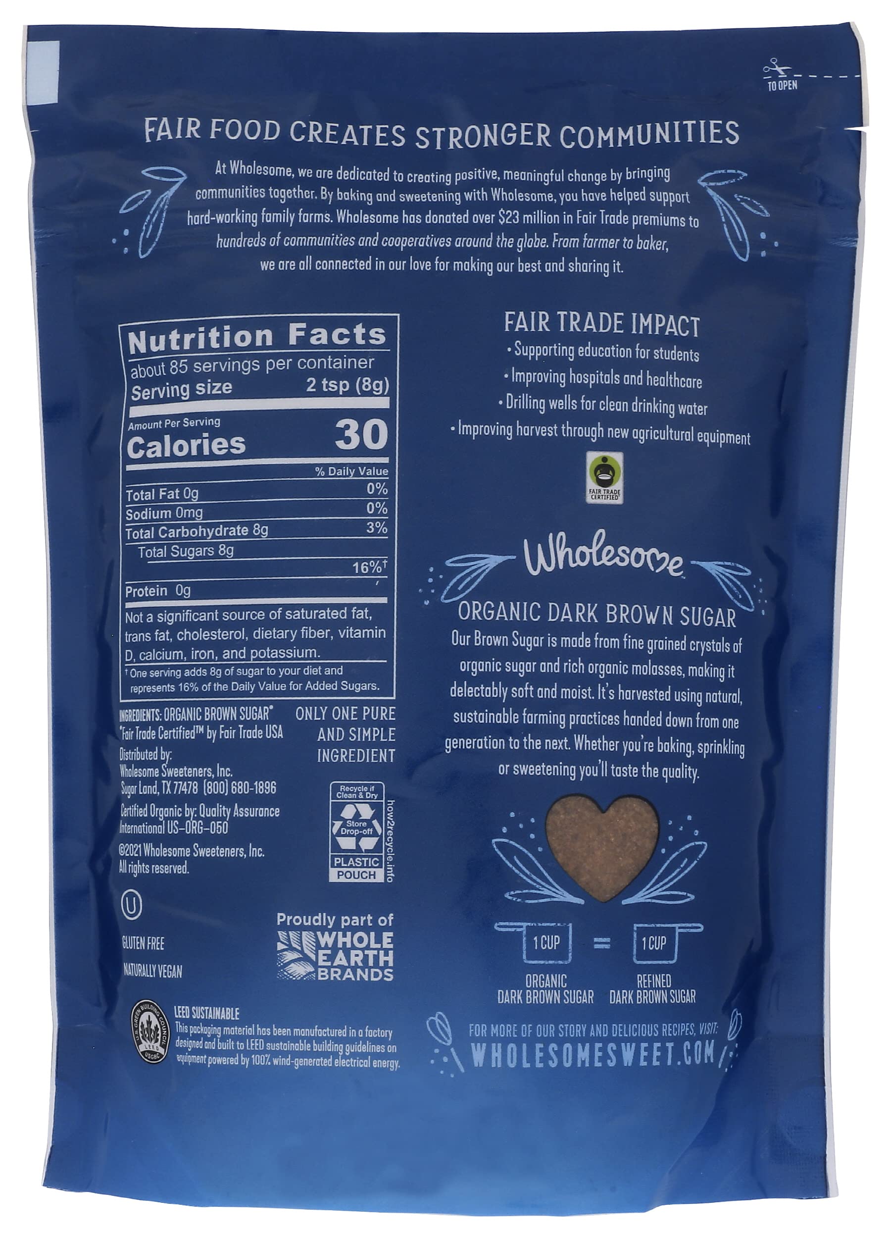 Wholesome Sweeteners 24-Ounce Organic Dark Brown Sugar, Fair Trade, Non GMO, Gluten Free & Vegan, Sugar for Baking and Glazing, 1 Pack