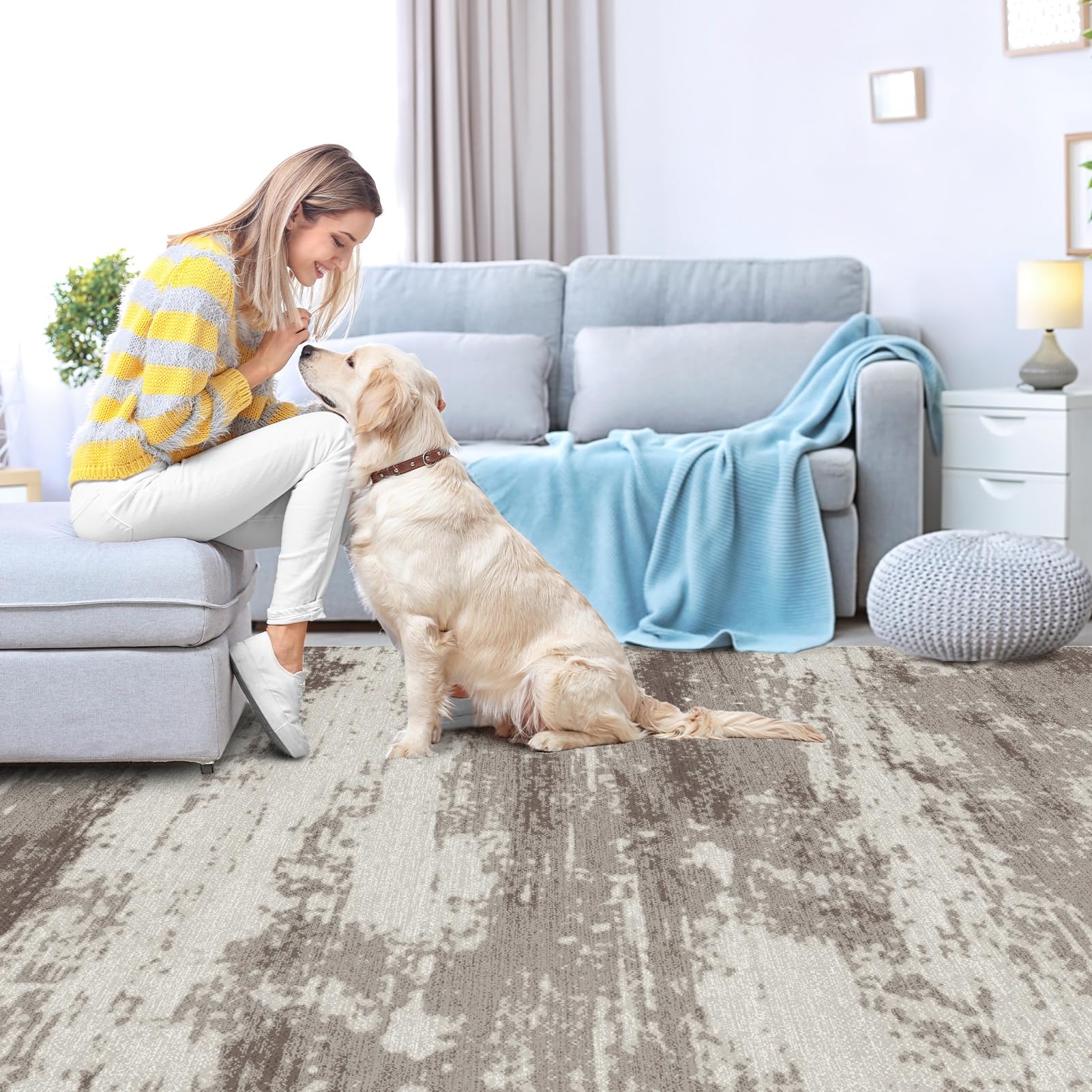 OIGAE Washable Rug 5x7, Modern Abstract Area Rugs Non-Slip Backing Non-Shedding Floor Mat Throw Carpet for Living Room Bedroom Kitchen Laundry Home Office, Grey/Brown