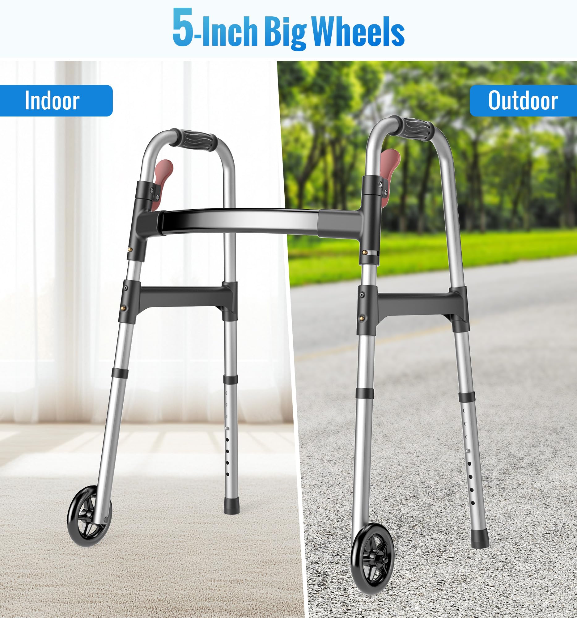 HOMLAND Walkers for Seniors, 2-Button Folding Walkers with Wheels, Lightweight Walker for Seniors Weighing Up to 350 Pounds, Height Adjustable Standard Walker & Ski Glides, Aluminum Frame, Silver