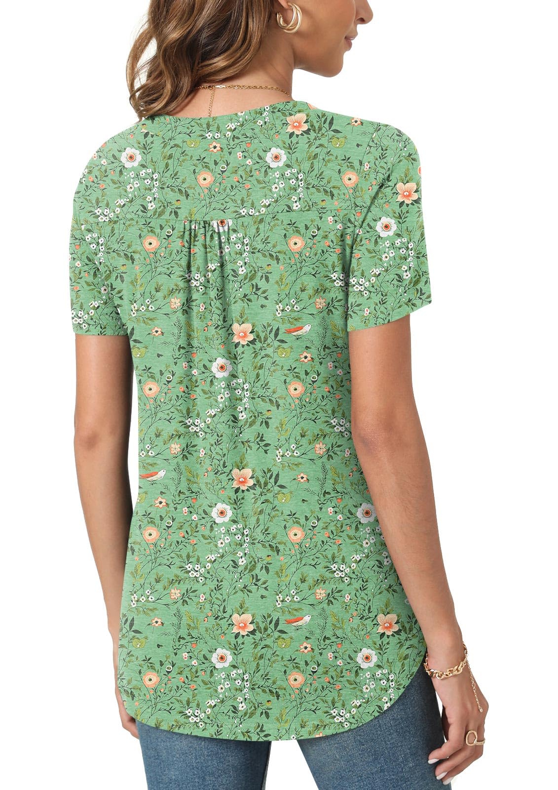 Bestbee Womens Summer Tops Short Sleeve Tunics Dressy Casual Blouses 2025 Henley Neck Button-Down Shirts, L, Green flowers