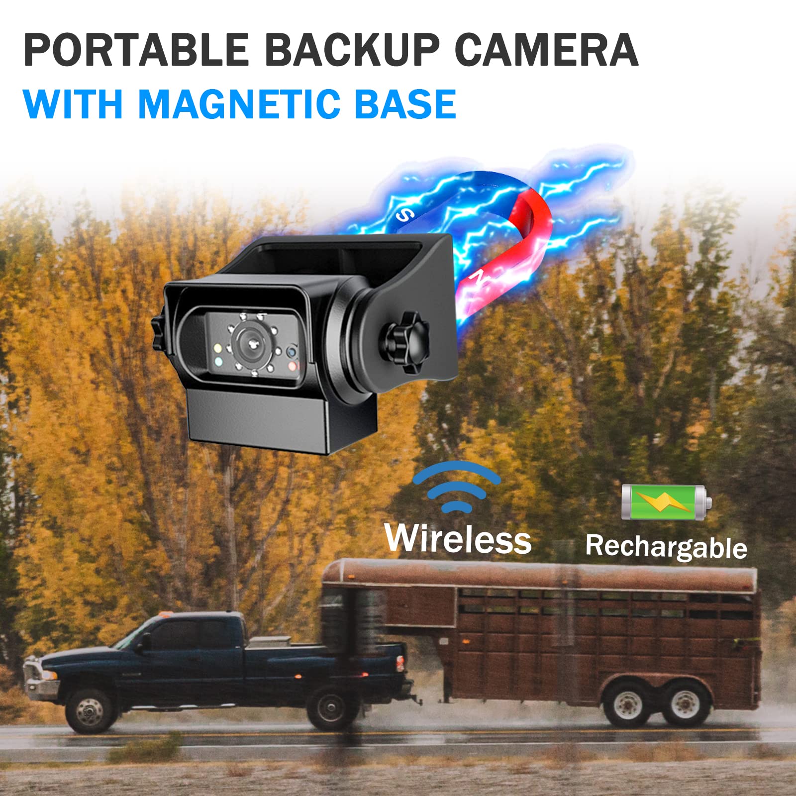 EWAY WiFi Magnetic Hitch Wireless Backup Rear/Front View Camera Rechargeable Battery for Easy Hitching of Gooseneck Horse Boat Travel Trailer/Fifth Wheels/RV/Camper Reverse for iPhone iPad Android