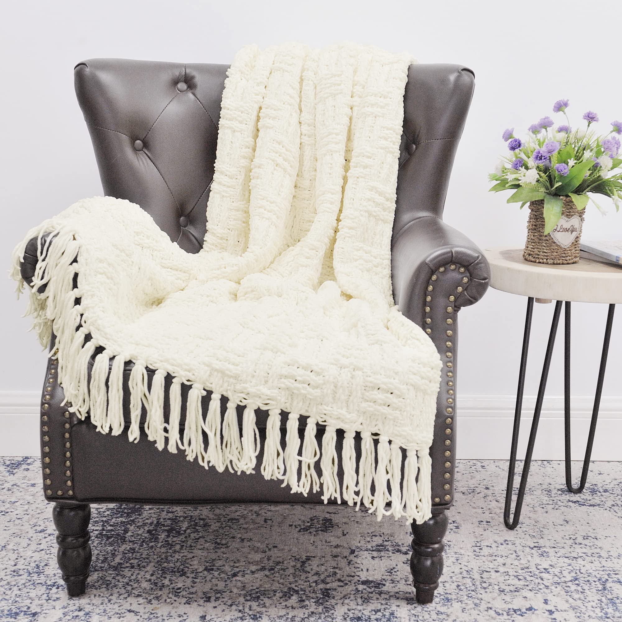 Home Soft Things Cable Knitted Throw Blankets 50'' x 60", White, Soft Cozy Fluffy Decorative Throw with Tassels Couch Bed Sofa Cover Throw Blankets