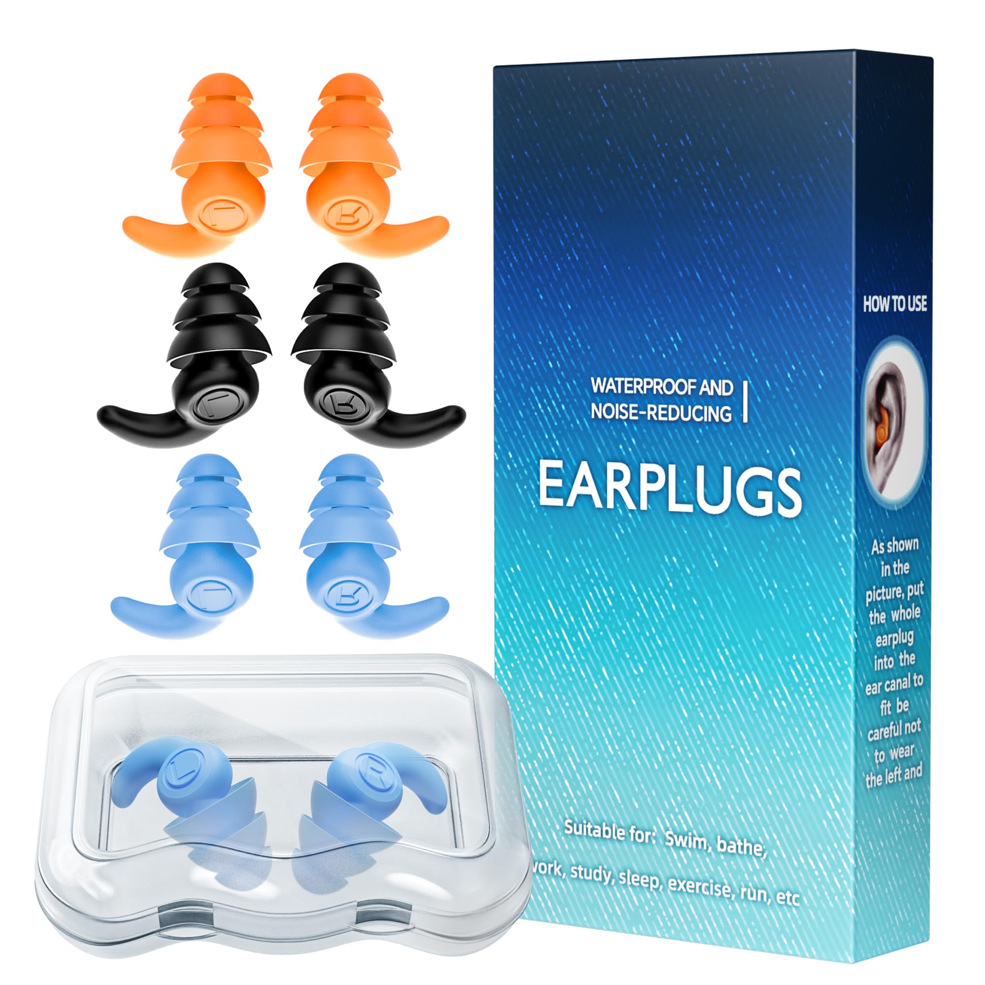 Waterproof Swimming Ear Plugs for Adults, 3 Pairs Reusable Silicone Swimmer Earplugs, Ear Protection for Showering Swimming Bathing Surfing and Other Water Sports