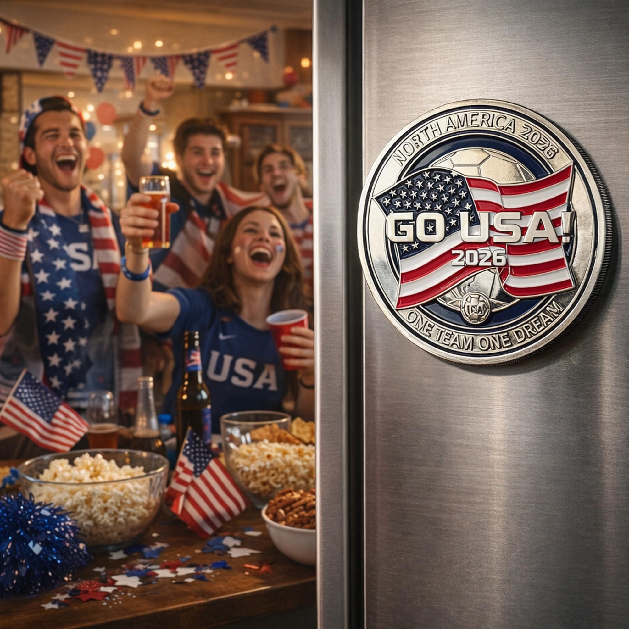 USA Soccer Fridge Magnet, Go USA 2026 Fan Gift, 3D Metal Coin-Style Magnet with Ridged Edge, Solid Zinc Alloy Collectible, Premium Gift Box Included