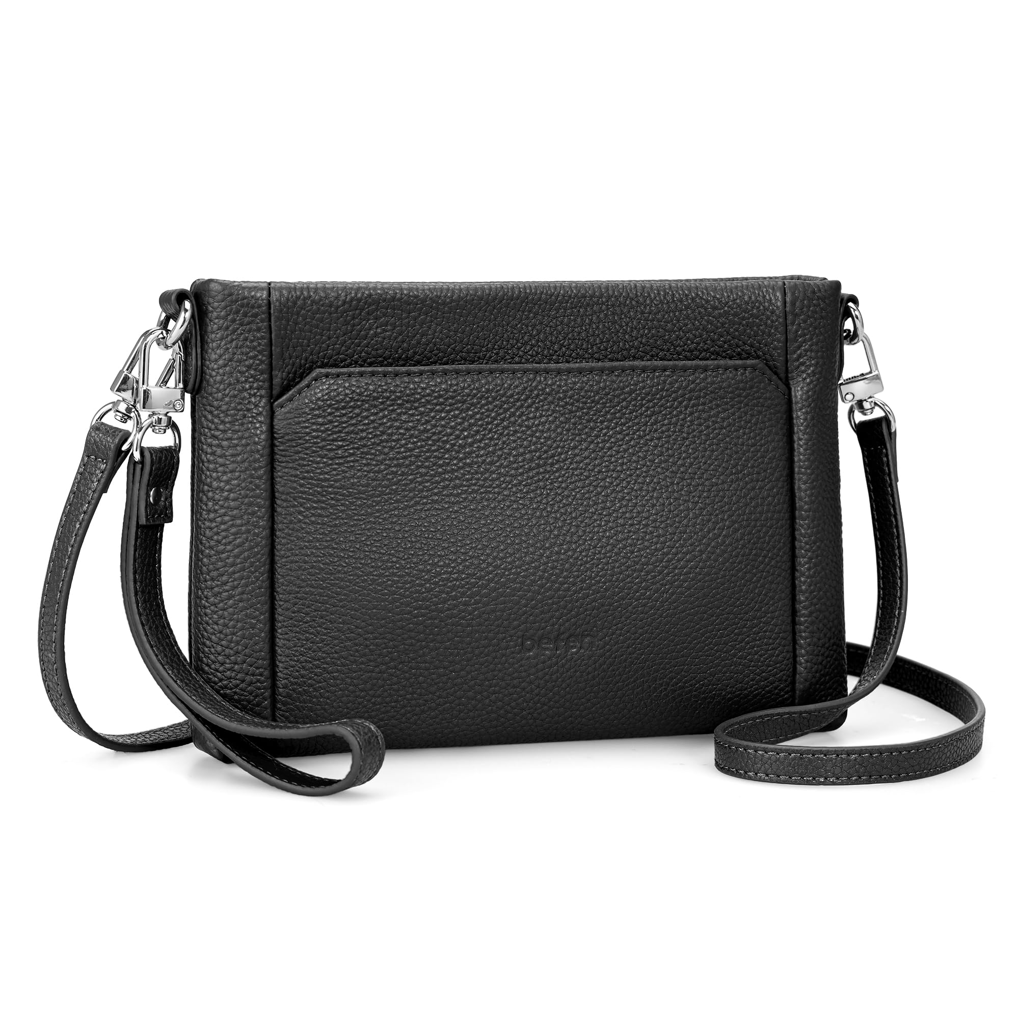 befen Genuine Leather Wristlet Wallets for Women Black Clutch Purse RFID Blocking Small Crossbody Bags Soft Real Leather Purse Trendy Wrist Wallet Travel Women Shoulder Handbag with 2 Removable Straps