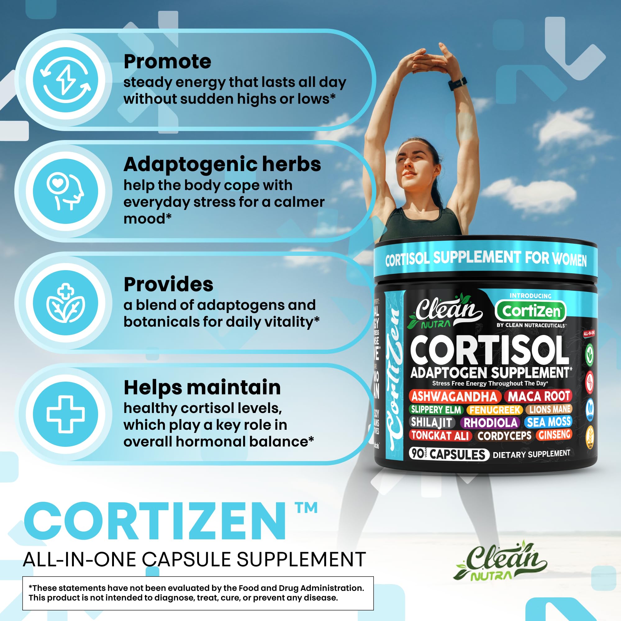 Clean Nutra Cortisol Supplements For Women | Maca Root Ashwagandha Cortisol Detox Manager Reducer + Slippery Elm Fenugreek Lions Mane Shilajit Rhodiola Sea Moss Tongkat Ali Cordyceps Ginseng Beet Root