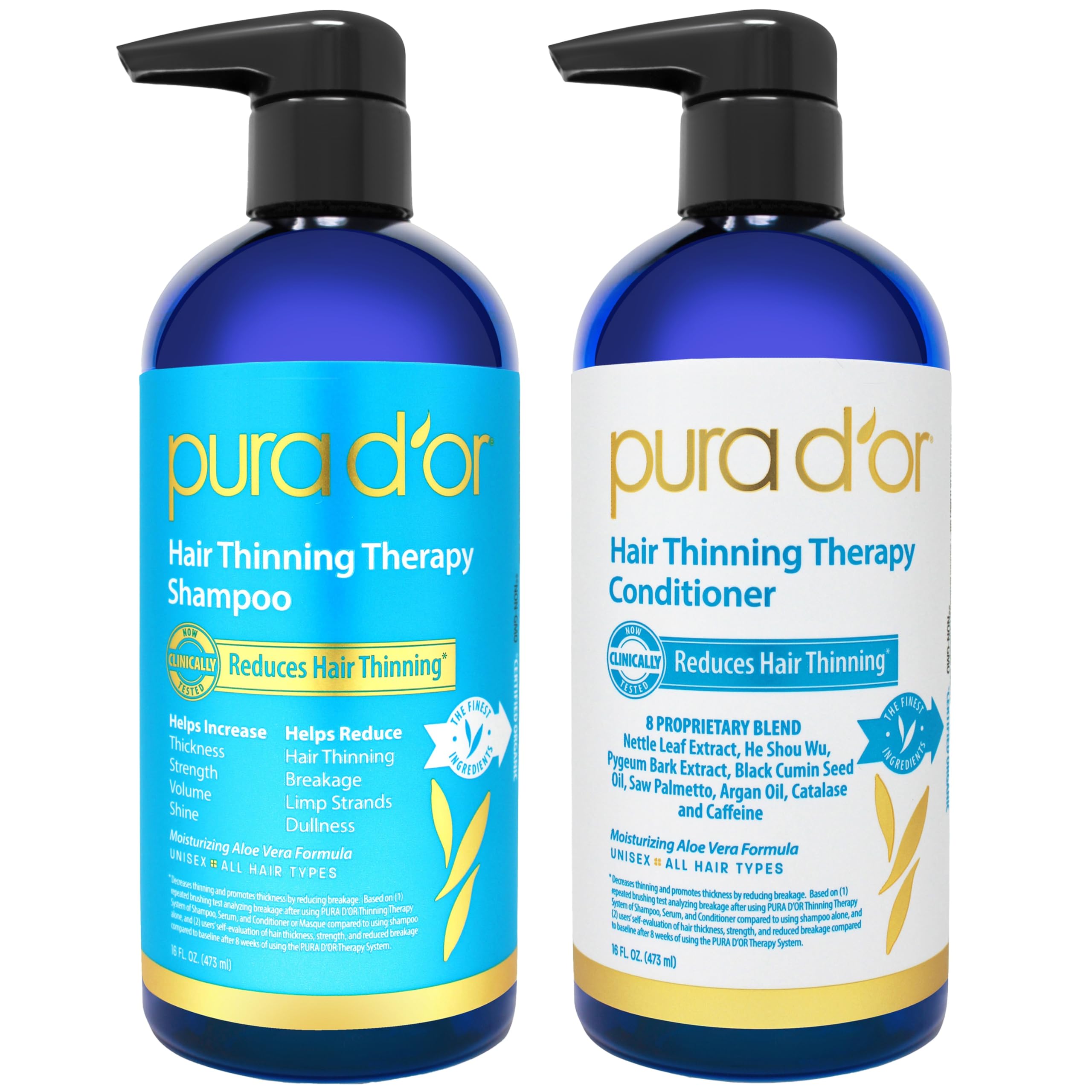 PURA D'OR Hair Thinning Therapy Biotin Shampoo and Conditioner Set, CLINICALLY TESTED Effective Results, DHT Blocker Hair Thickening Products For Women & Men, Natural Routine, Color Safe, 16oz x2