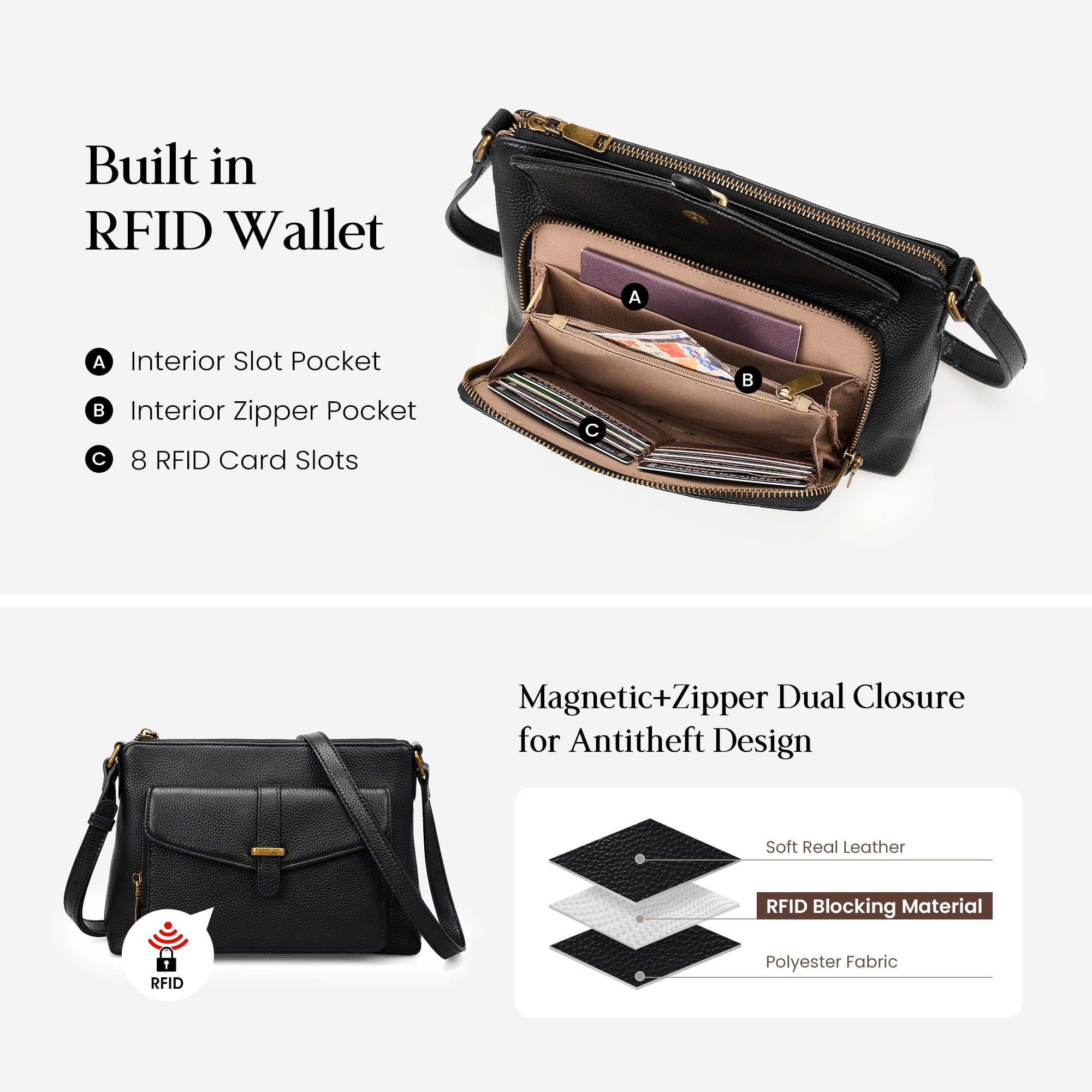 befen Genuine Leather Crossbody Bags for Women Black Leather Purse with Built in Wallet RFID Blocking Crossbody Small Purse for Travel Trendy Women's Crossbody Handbags with Adjustable Strap for Daily