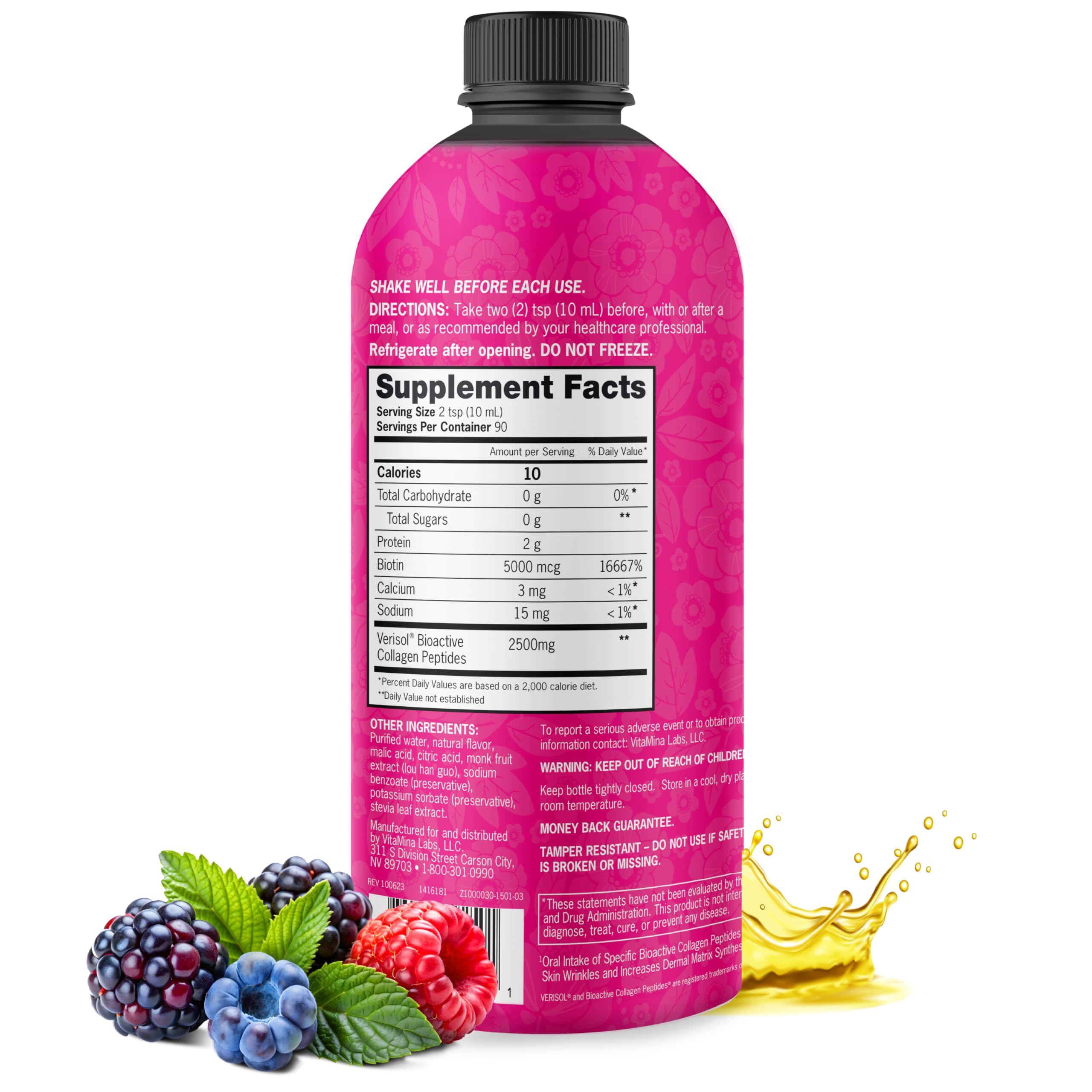 Zena Nutrition Liquid Collagen Peptides and Biotin, 2500mg Verisol Bioactive Collagen Peptides, 5000mcg Biotin, Hair, Skin, Nail Supplement for Women and Men, Mixed Berry, 90 Servings, 30 fl oz