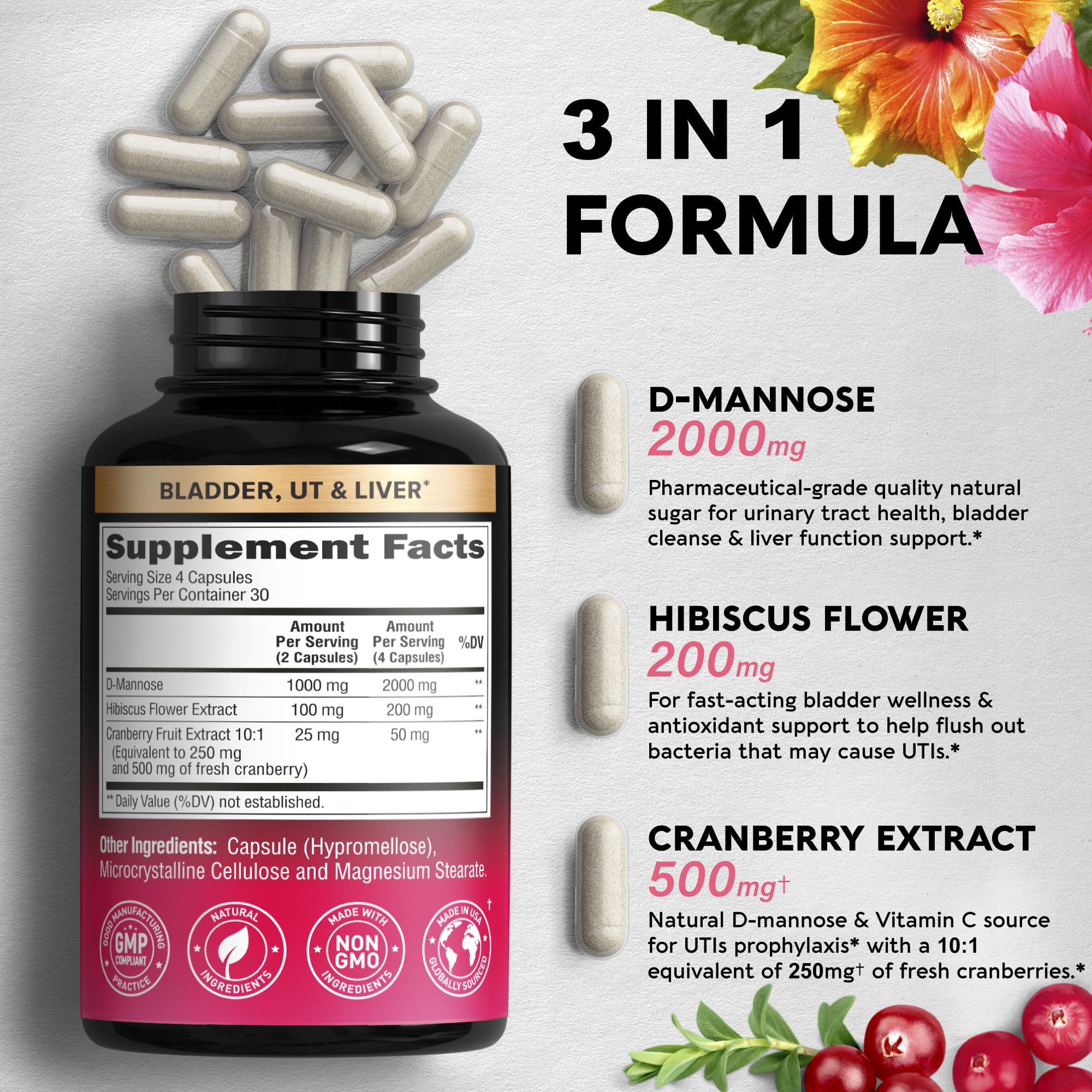 D-Mannose 2000mg Capsules - 3-in-1 Urinary Tract Health Supplement - Natural Bladder, Liver & Digestive Support with Cranberry & Hibiscus Flower - Made in USA - for Women & Men - 120 Vegan Pills