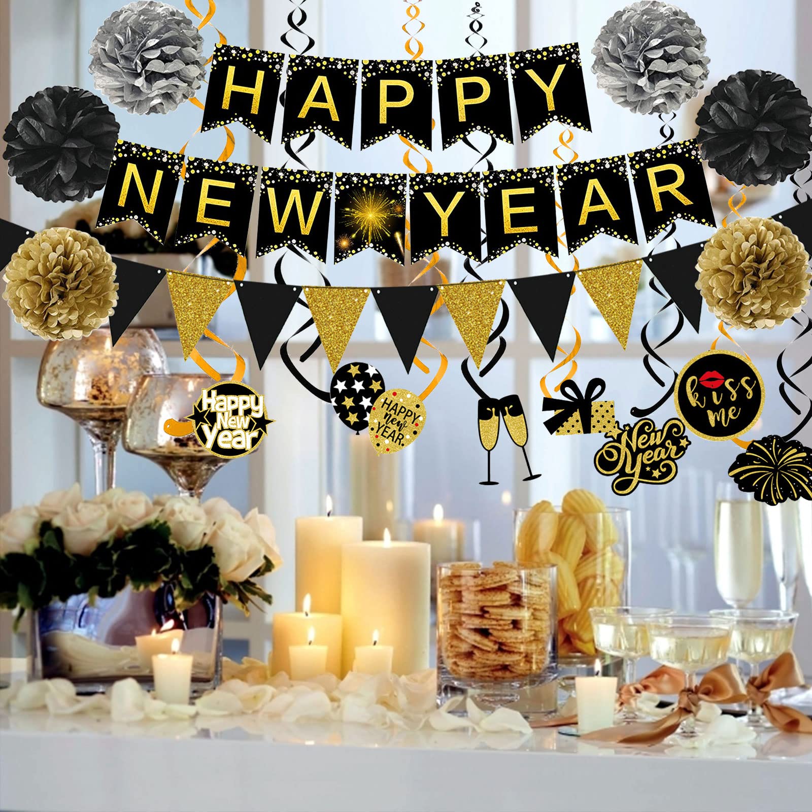 Famoby Happy New Year Banner Pom poms Triangle flag Swirls Garland Hanging Bunting for Happy New Year Party Decorations