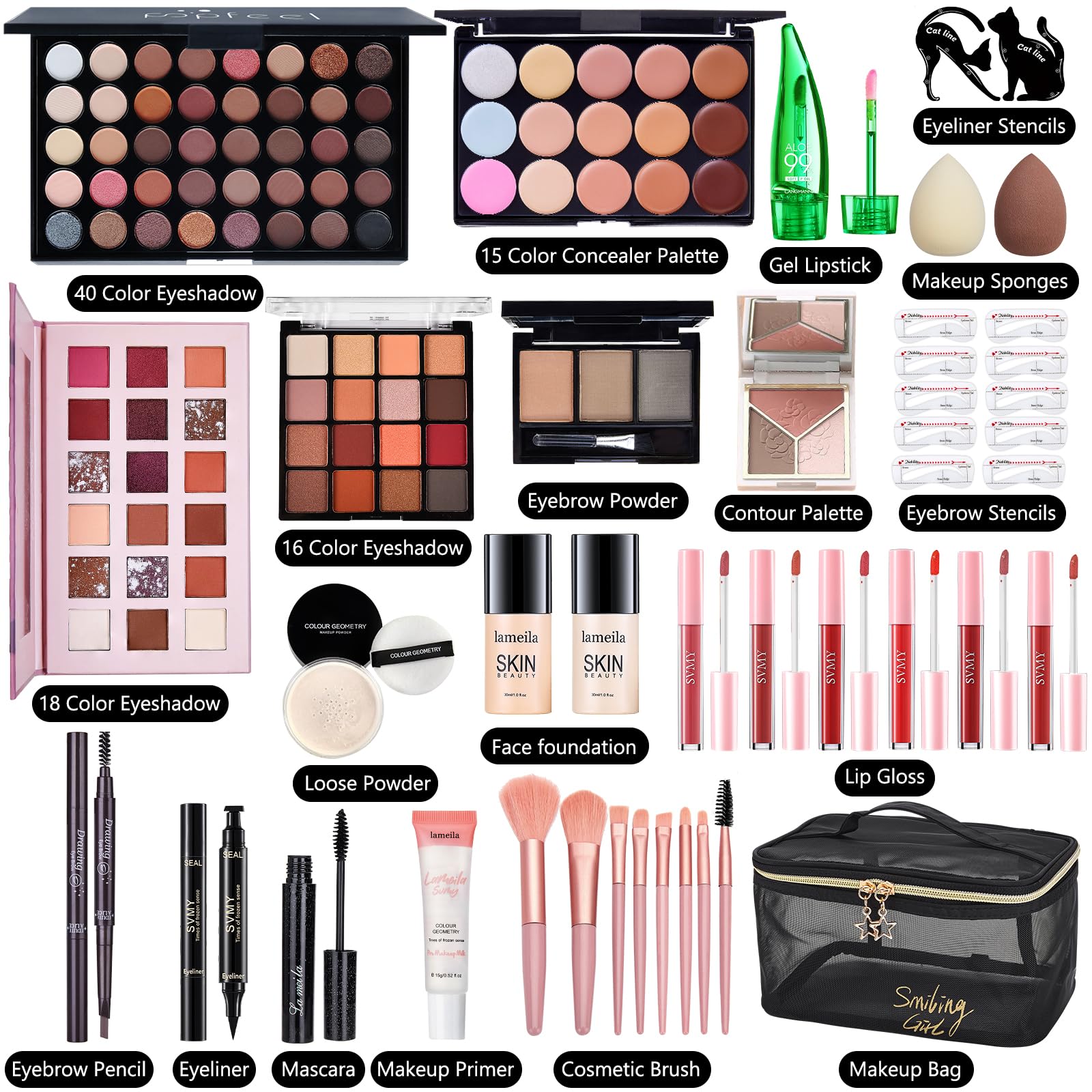 All in One Makeup Kit for Women Full Kit, Make Up Gift Set for Women, Makeup Essential Bundle Includes Foundation Face Primer Eyeshadow Contour Palette Lipstick Eyeliner Mascara Cosmetic Brush Set