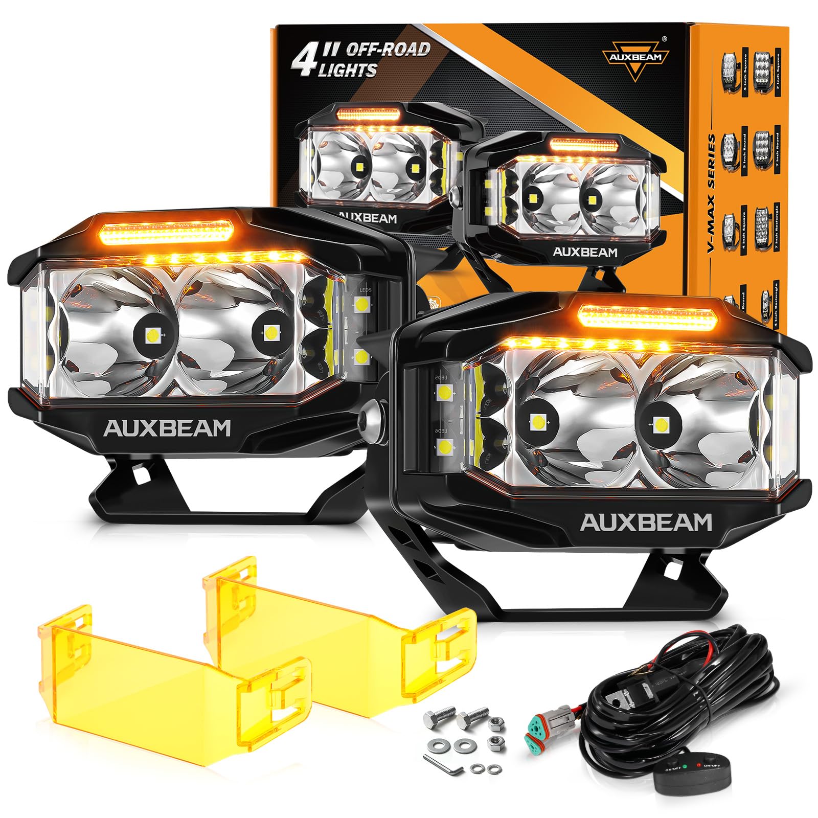 Auxbeam V-MAX Series LED Light Pod, 270° Side Shooter LED Offroad Lights with Amber DRL, 4 Inch Auxiliary Ditch Light for Truck ATV Jeep Ford